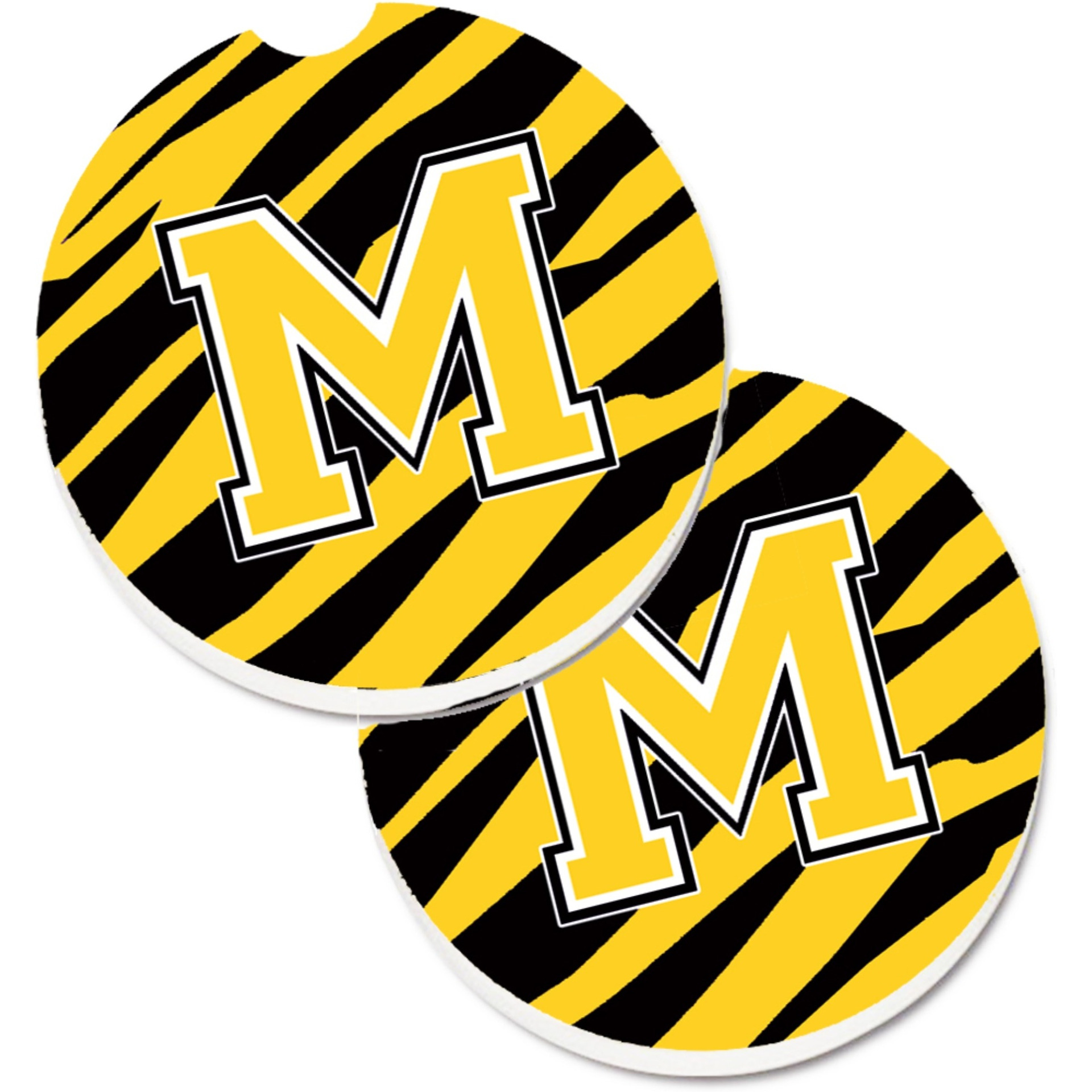 &quotCaroline's Treasures Monogram Initial M Tiger Stripe - black Gold Set of 2 Cup Holder Car Coasters CJ1026-MCARC, 2.56, Multicolor"