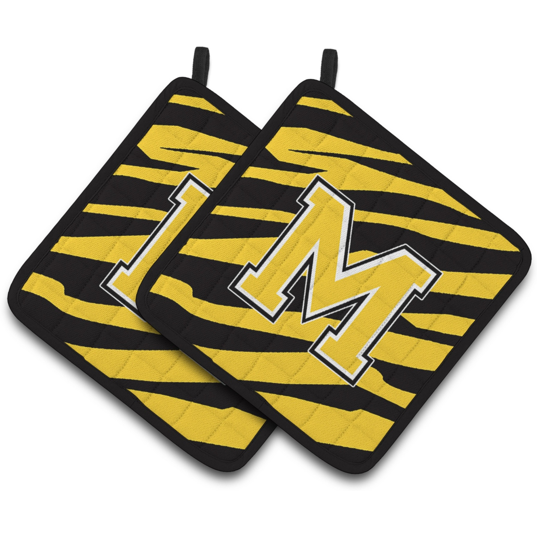 &quotCaroline's Treasures Monogram Initial M Tiger Stripe - black Gold Pair of Pot Holders CJ1026-MPTHD, 7.5HX7.5W, Multicolor"