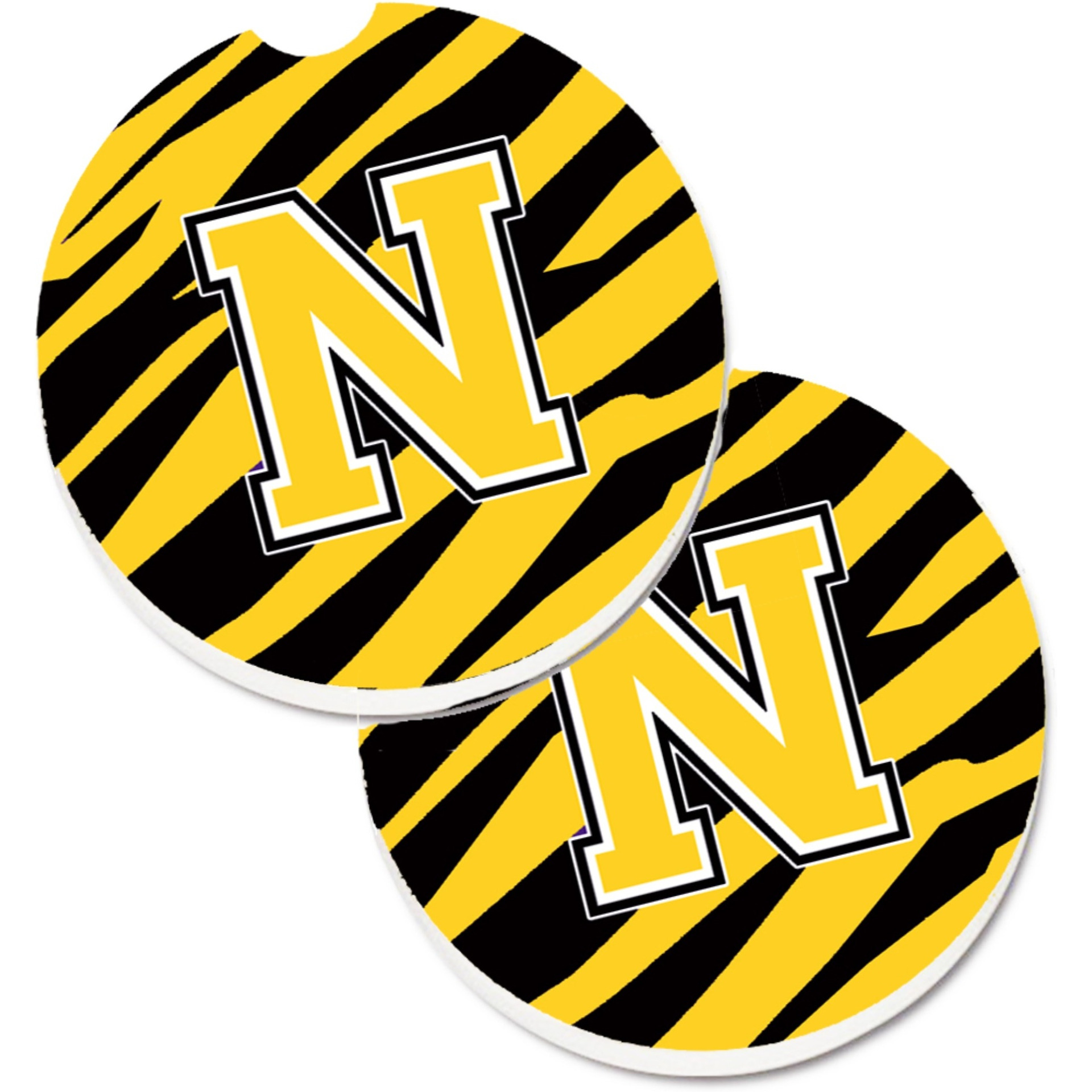 &quotCaroline's Treasures Monogram Initial N Tiger Stripe - black Gold Set of 2 Cup Holder Car Coasters CJ1026-NCARC, 2.56, Multicolor"