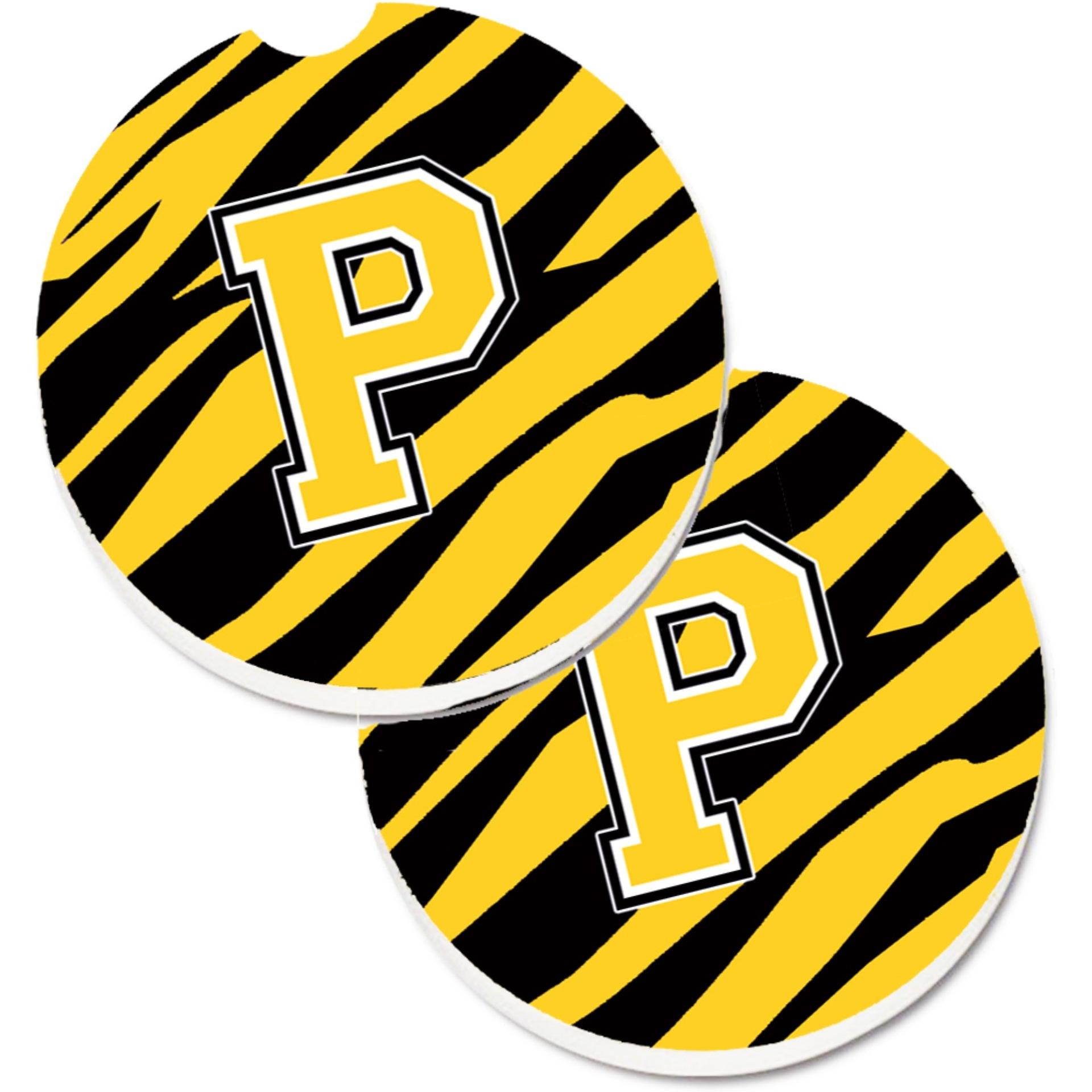 &quotCaroline's Treasures Monogram Initial P Tiger Stripe - black Gold Set of 2 Cup Holder Car Coasters CJ1026-PCARC, 2.56, Multicolor"