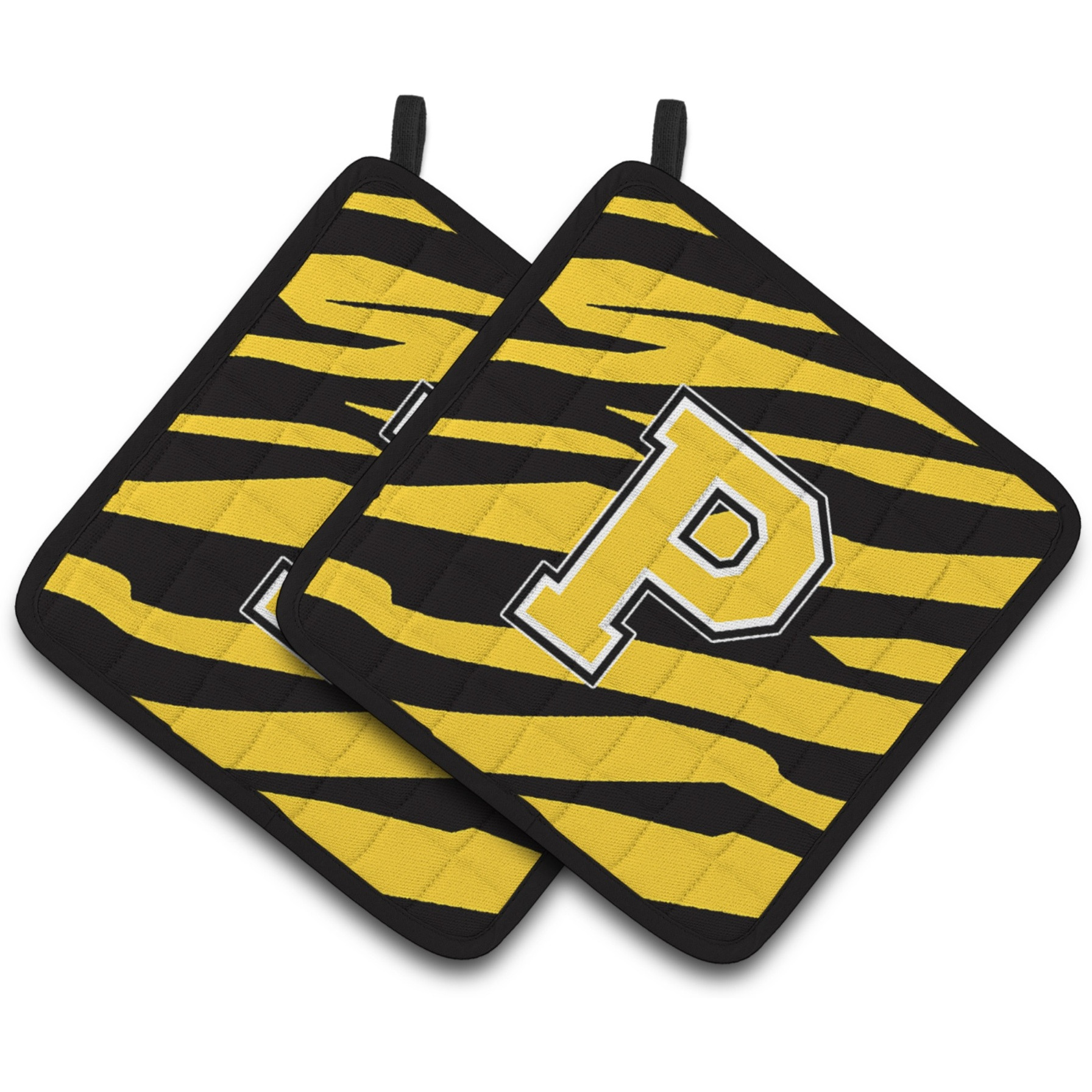 &quotCaroline's Treasures Monogram Initial P Tiger Stripe - black Gold Pair of Pot Holders CJ1026-PPTHD, 7.5HX7.5W, Multicolor"