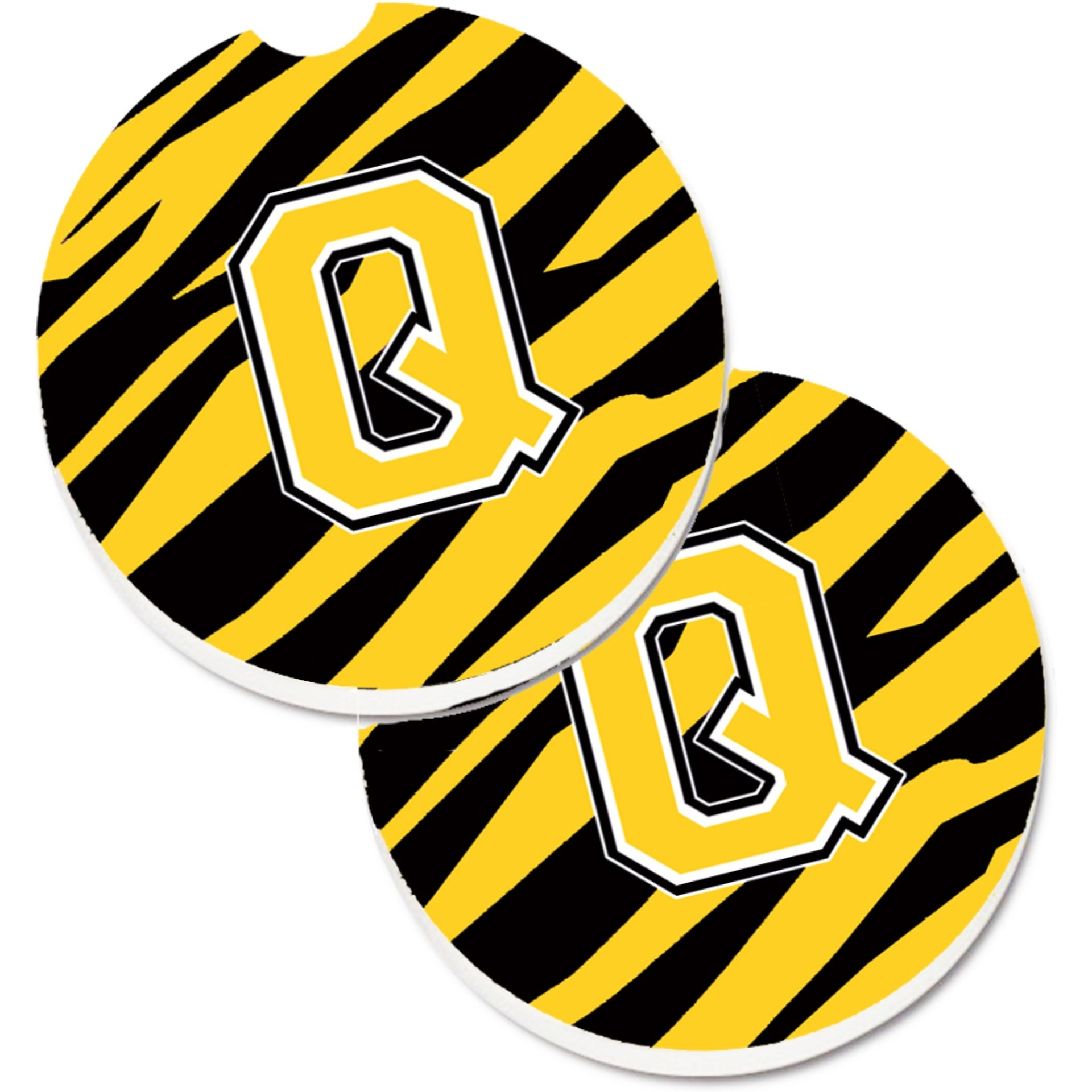 &quotCaroline's Treasures Monogram Initial Q Tiger Stripe - black Gold Set of 2 Cup Holder Car Coasters CJ1026-QCARC, 2.56, Multicolor"