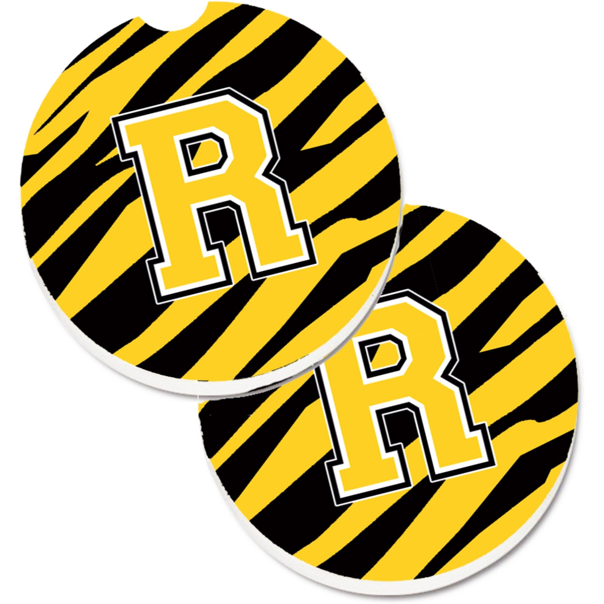 &quotCaroline's Treasures Monogram Initial R Tiger Stripe - black Gold Set of 2 Cup Holder Car Coasters CJ1026-RCARC, 2.56, Multicolor"