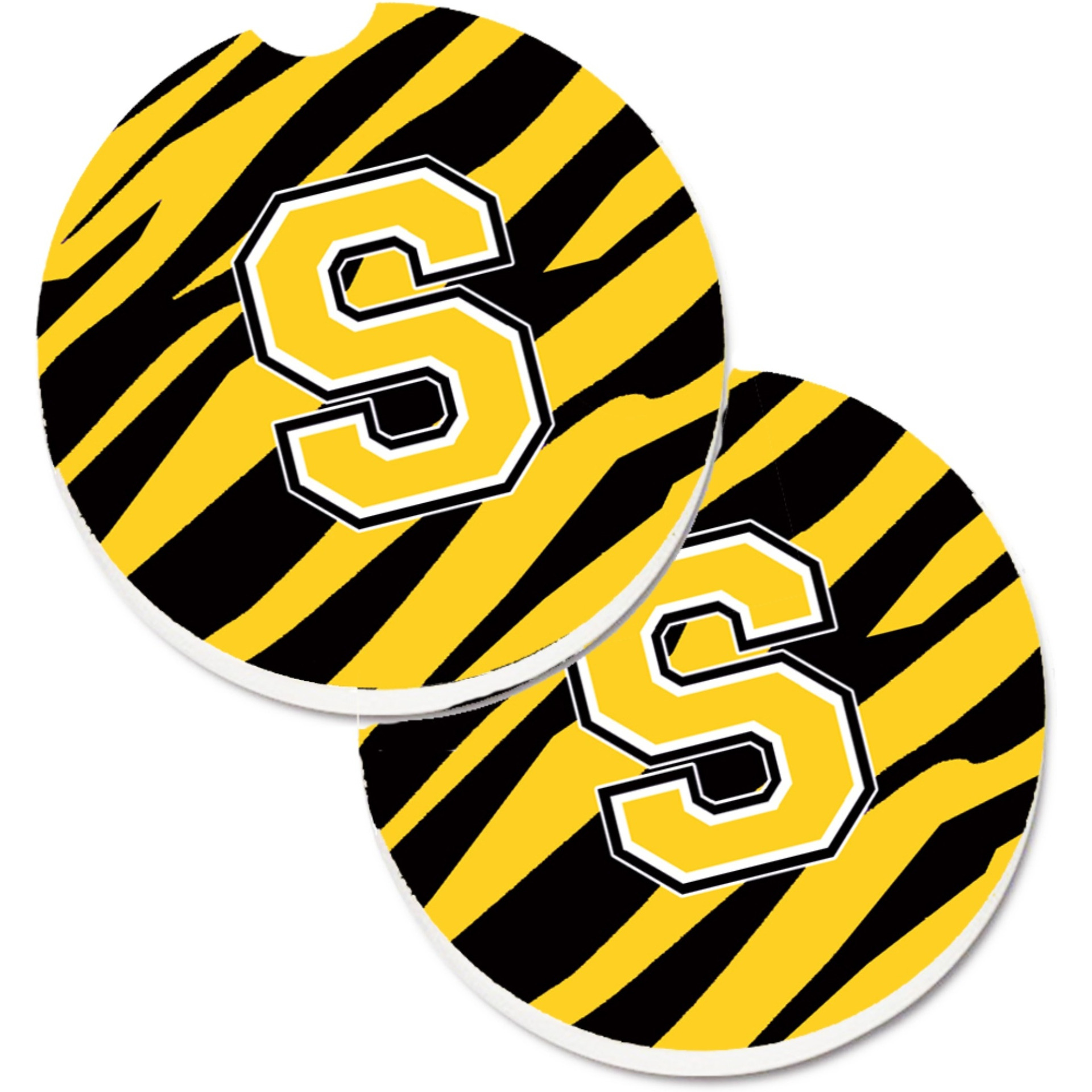 &quotCaroline's Treasures Monogram Initial S Tiger Stripe - black Gold Set of 2 Cup Holder Car Coasters CJ1026-SCARC, 2.56, Multicolor"