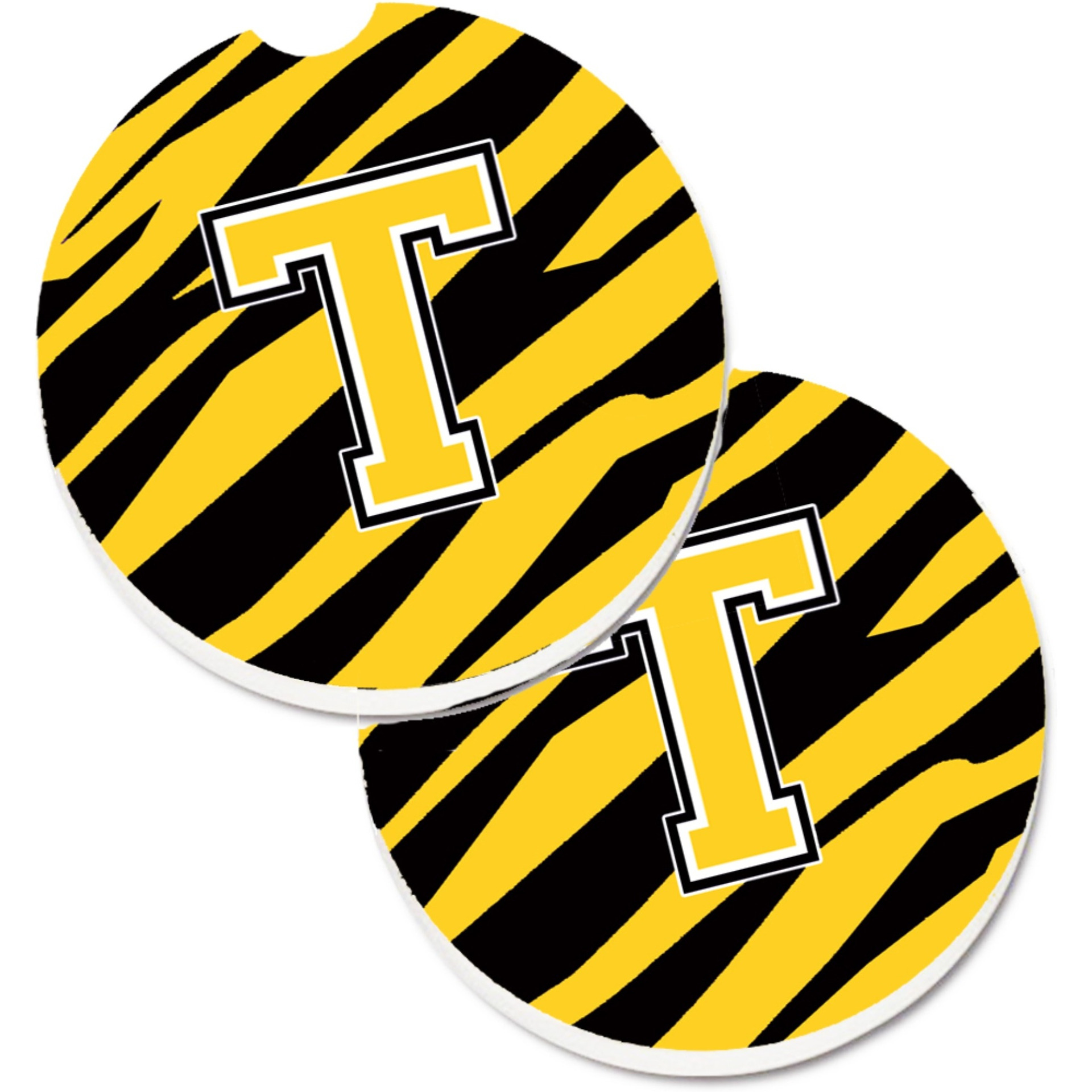 &quotCaroline's Treasures Monogram Initial T Tiger Stripe - black Gold Set of 2 Cup Holder Car Coasters CJ1026-TCARC, 2.56, Multicolor"