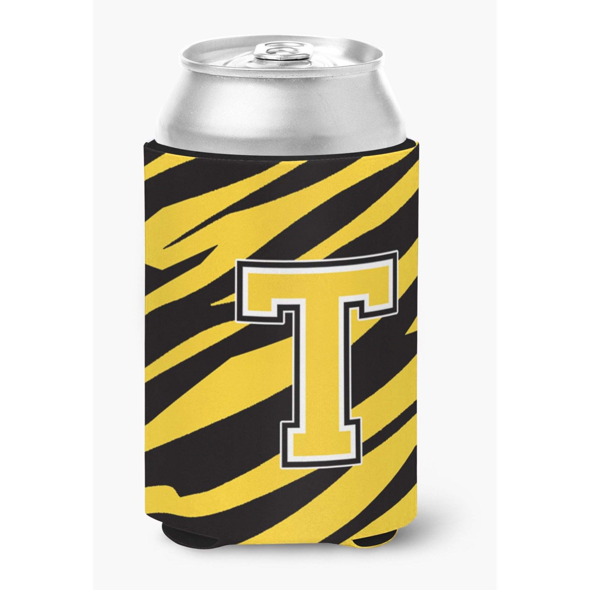 Letter T Initial Monogram - Tiger Stripe - Black Gold Can Beverage Insulator Hugger