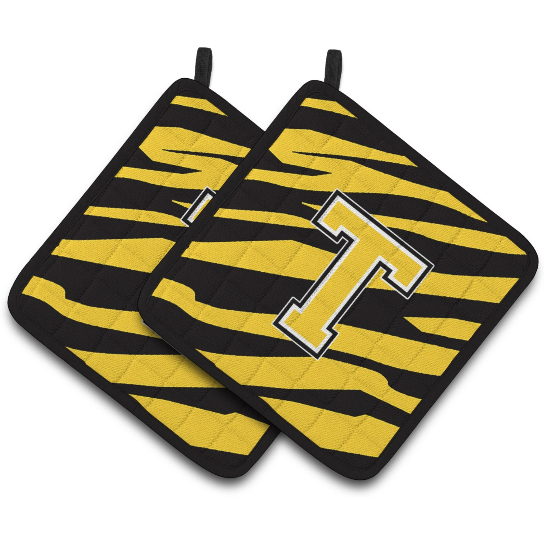 &quotCaroline's Treasures Monogram Initial T Tiger Stripe - black Gold Pair of Pot Holders CJ1026-TPTHD, 7.5HX7.5W, Multicolor"