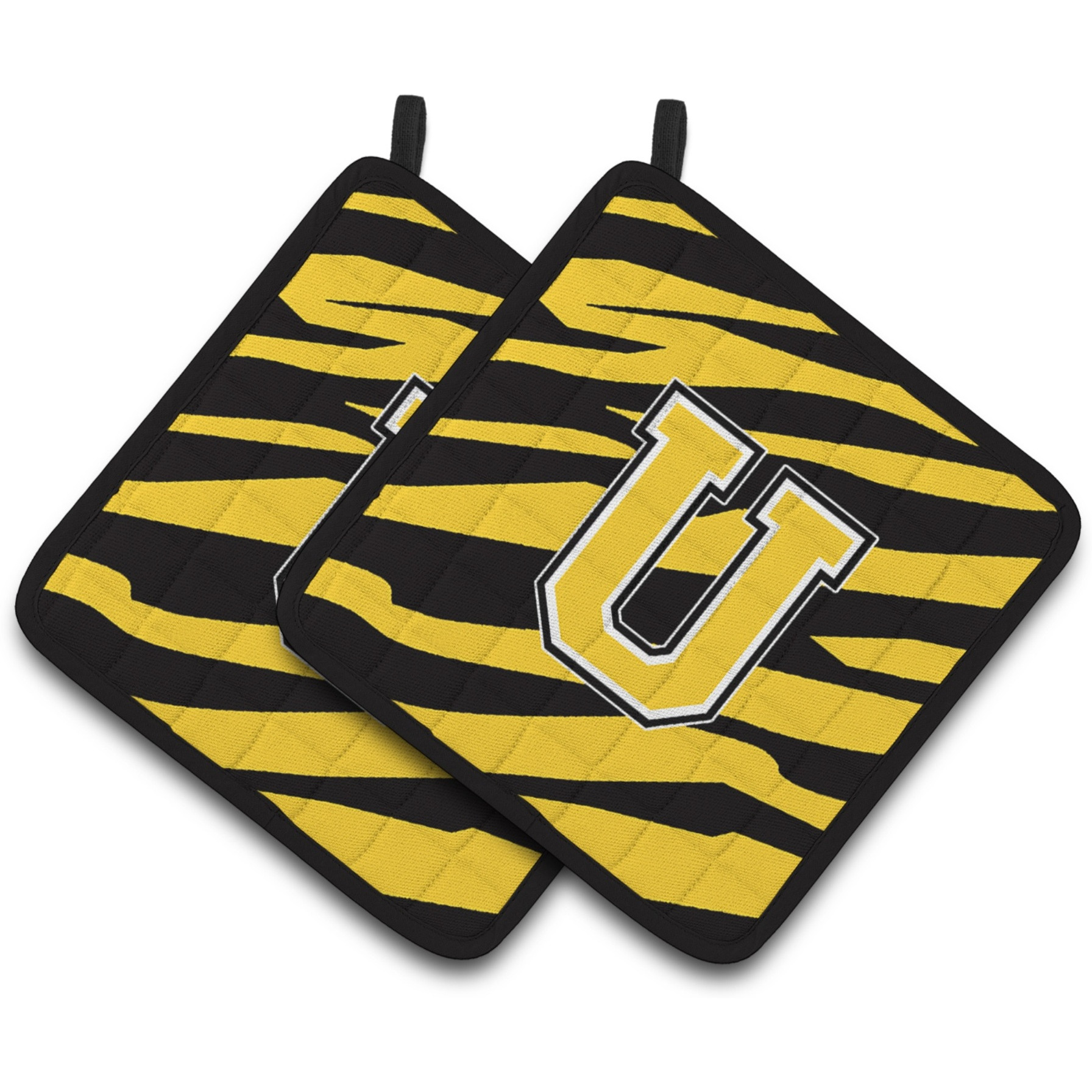 &quotCaroline's Treasures Monogram Initial U Tiger Stripe - black Gold Pair of Pot Holders CJ1026-UPTHD, 7.5HX7.5W, Multicolor"
