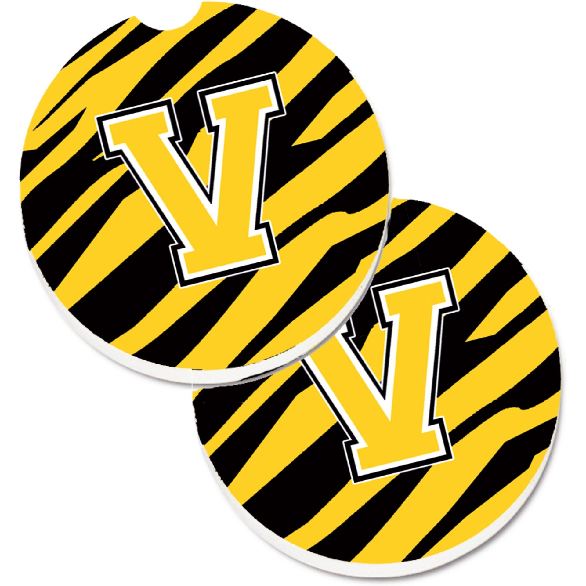 &quotCaroline's Treasures Monogram Initial V Tiger Stripe - black Gold Set of 2 Cup Holder Car Coasters CJ1026-VCARC, 2.56, Multicolor"