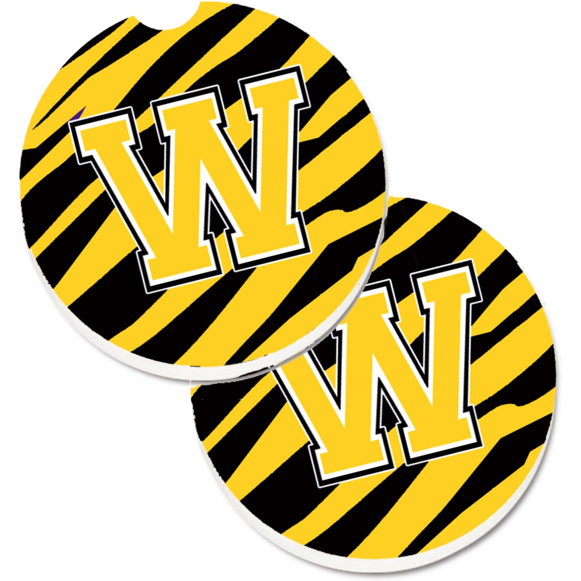 &quotCaroline's Treasures Monogram Initial W Tiger Stripe - black Gold Set of 2 Cup Holder Car Coasters CJ1026-WCARC, 2.56, Multicolor"