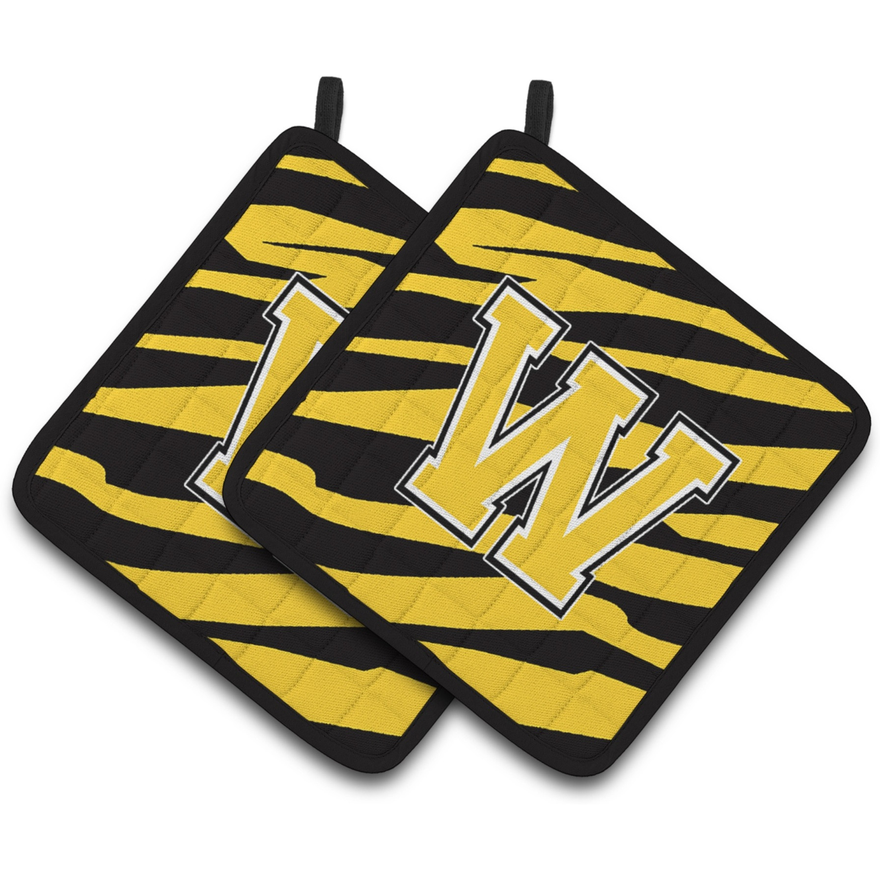 &quotCaroline's Treasures Monogram Initial W Tiger Stripe - black Gold Pair of Pot Holders CJ1026-WPTHD, 7.5HX7.5W, Multicolor"