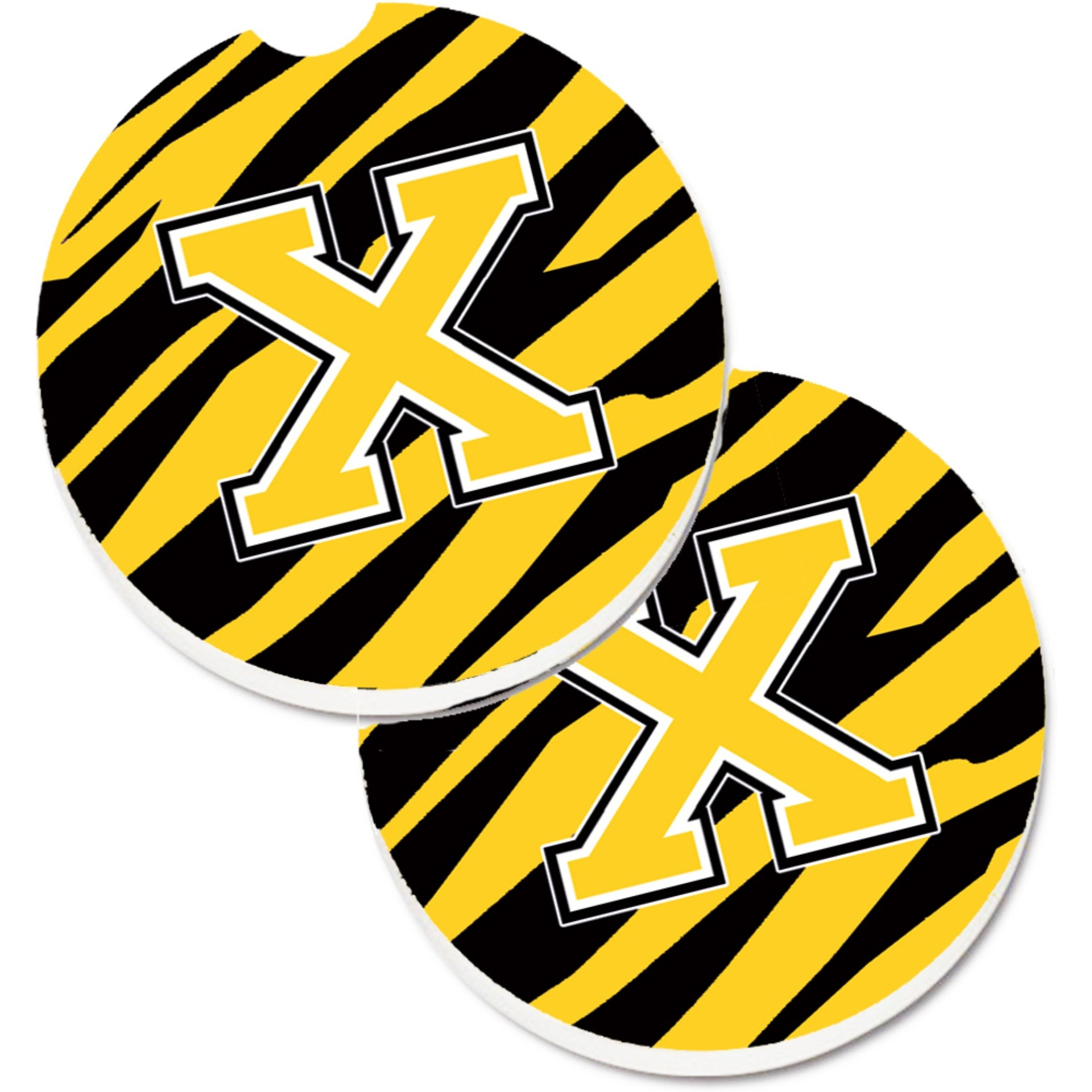 &quotCaroline's Treasures Monogram Initial x Tiger Stripe - black Gold Set of 2 Cup Holder Car Coasters CJ1026-XCARC, 2.56, Multicolor"