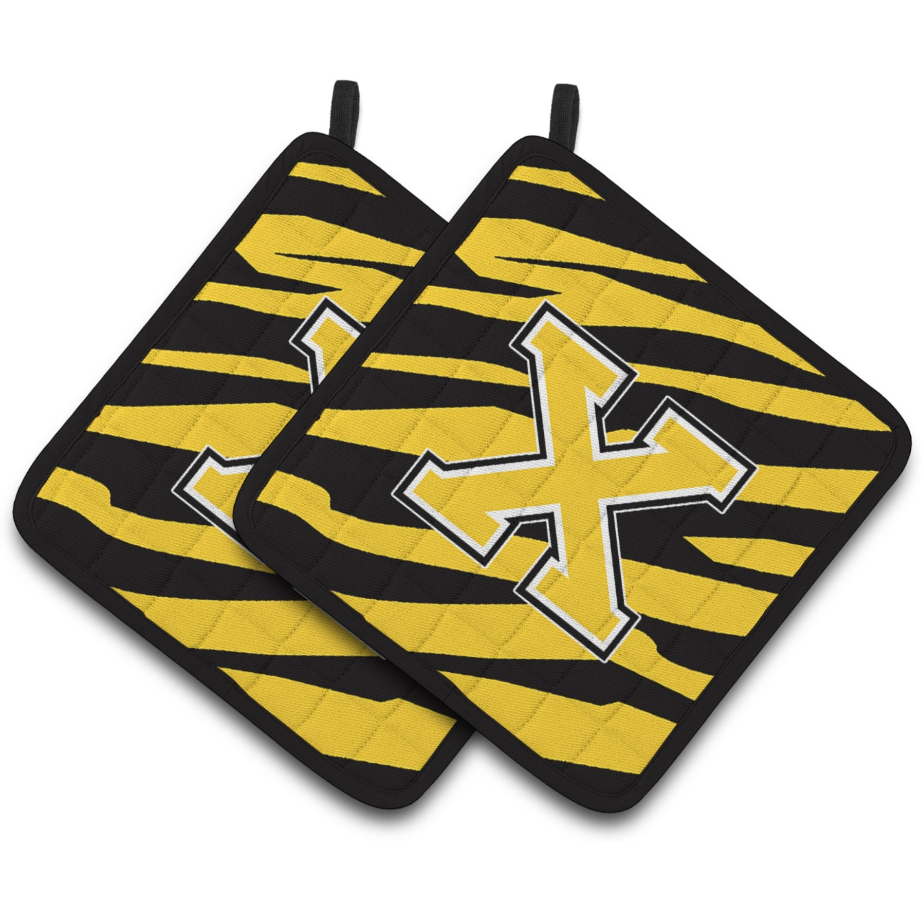 &quotCaroline's Treasures Monogram Initial x Tiger Stripe - black Gold Pair of Pot Holders CJ1026-XPTHD, 7.5HX7.5W, Multicolor"