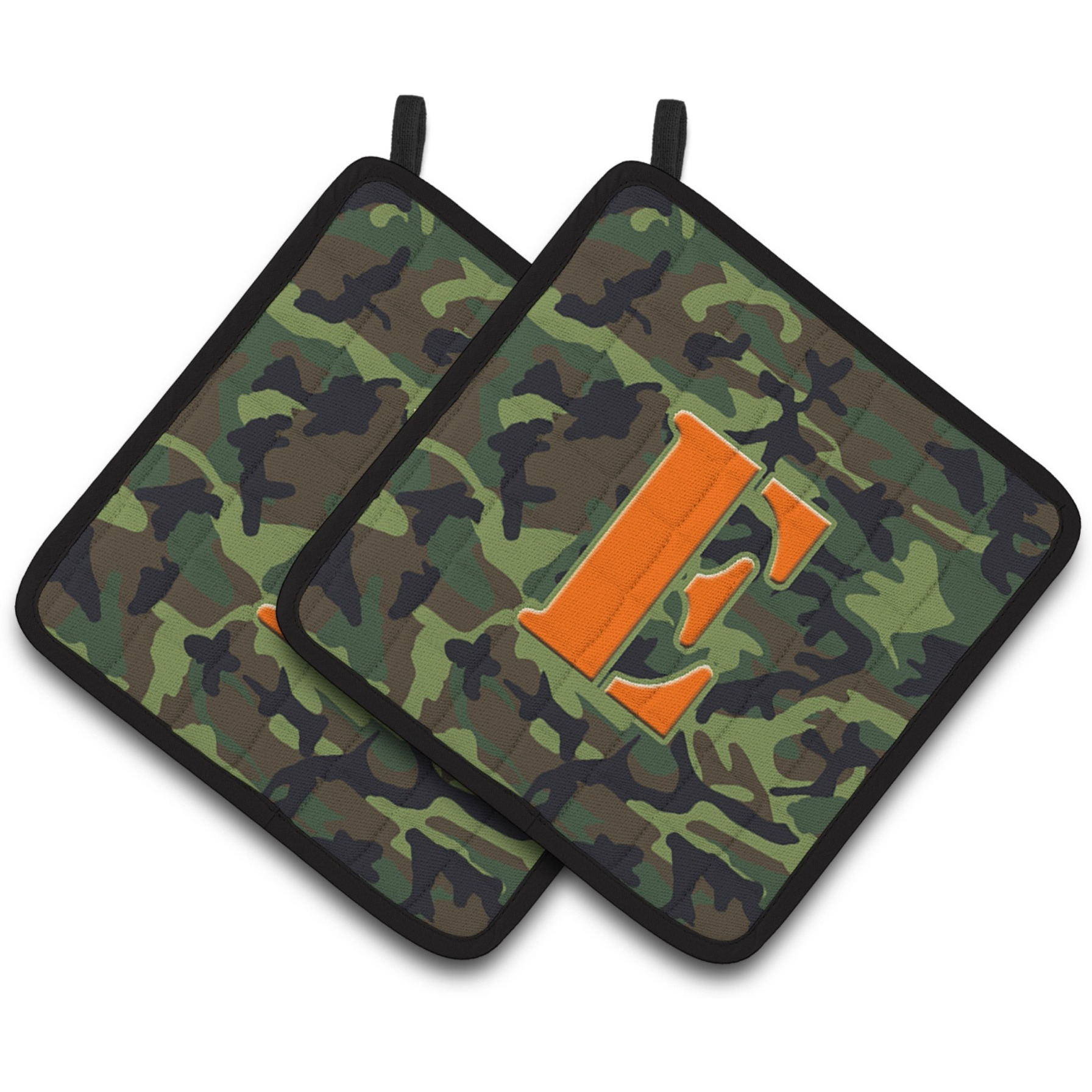 &quotCaroline's Treasures Letter E Monogram - Camo green Pair of Pot Holders CJ1030-EPTHD, 7.5HX7.5W, Multicolor"