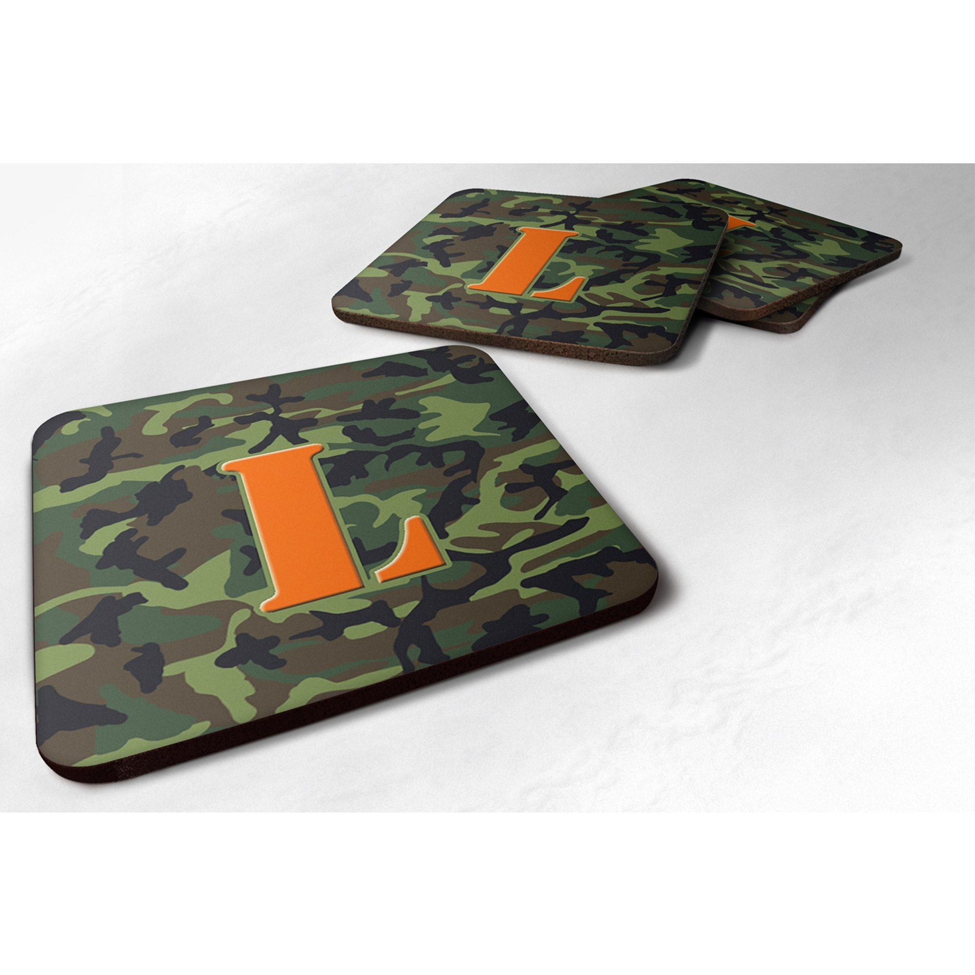 &quotCaroline's Treasures CJ1030-LFC Monogram-Camo Green Foam Coasters (Set of 4), Initial Letter L, 3.5"" H x 3.5"" W, Multicolor"
