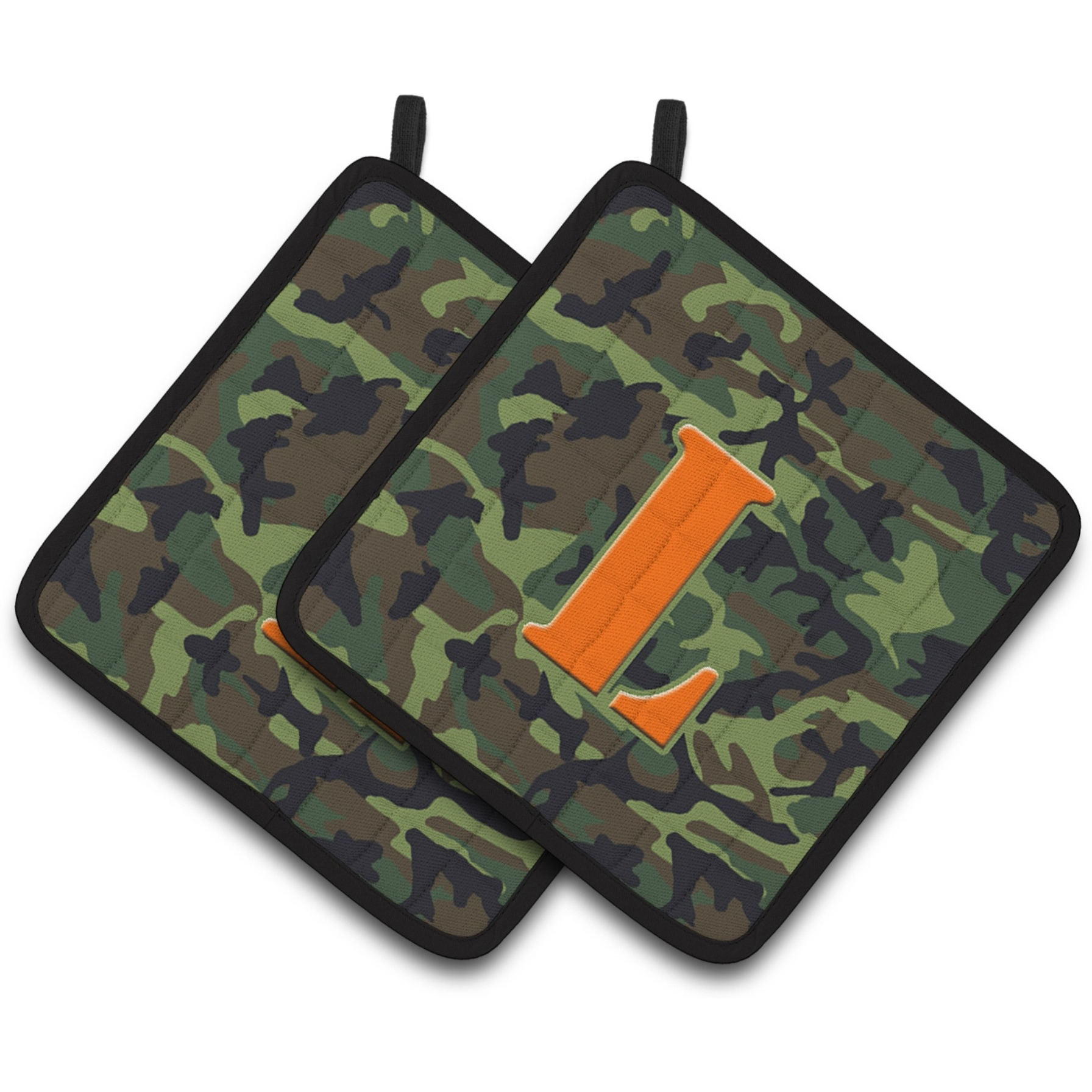 &quotCaroline's Treasures Letter L Monogram - Camo green Pair of Pot Holders CJ1030-LPTHD, 7.5HX7.5W, Multicolor"