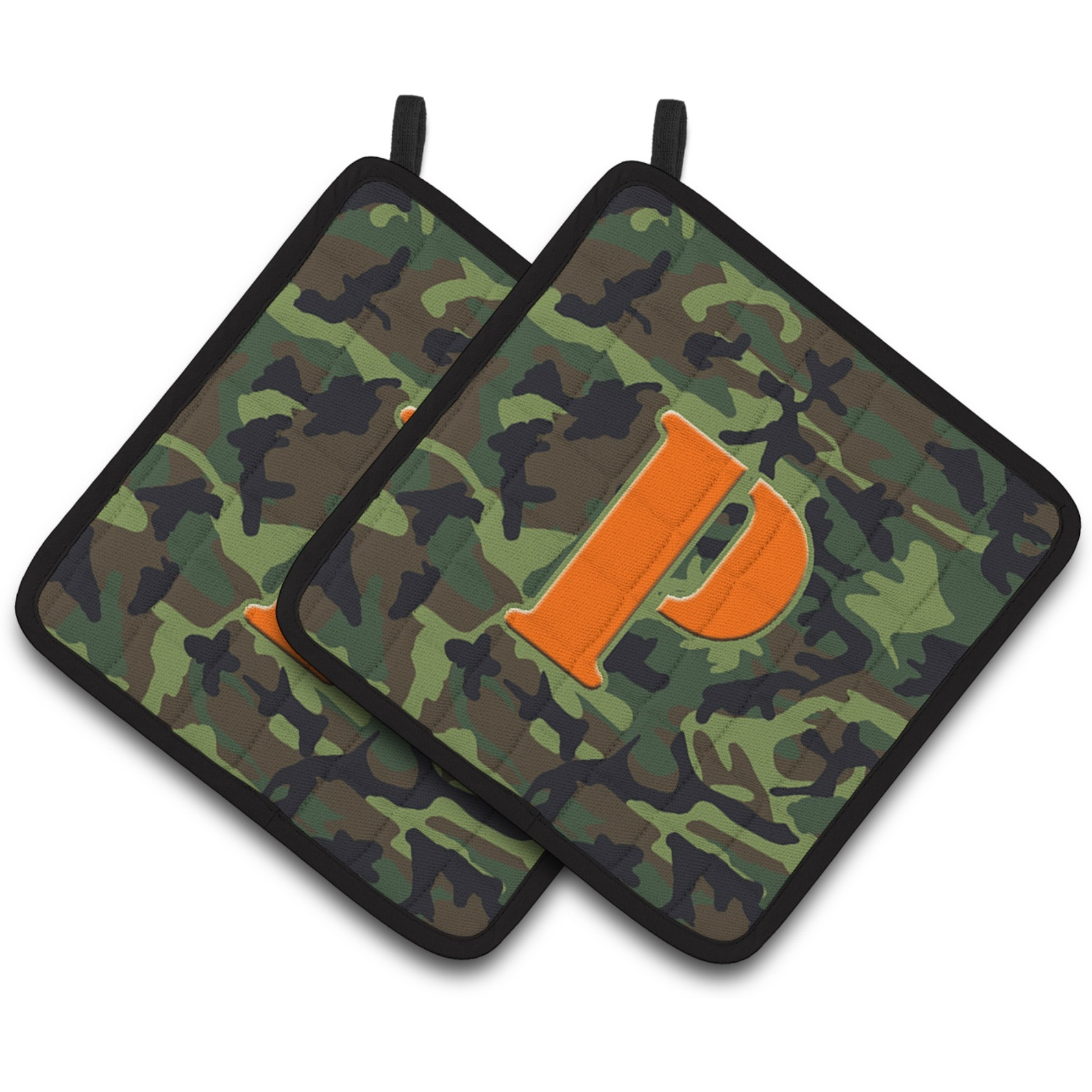 &quotCaroline's Treasures Letter P Monogram - Camo green Pair of Pot Holders CJ1030-PPTHD, 7.5HX7.5W, Multicolor"