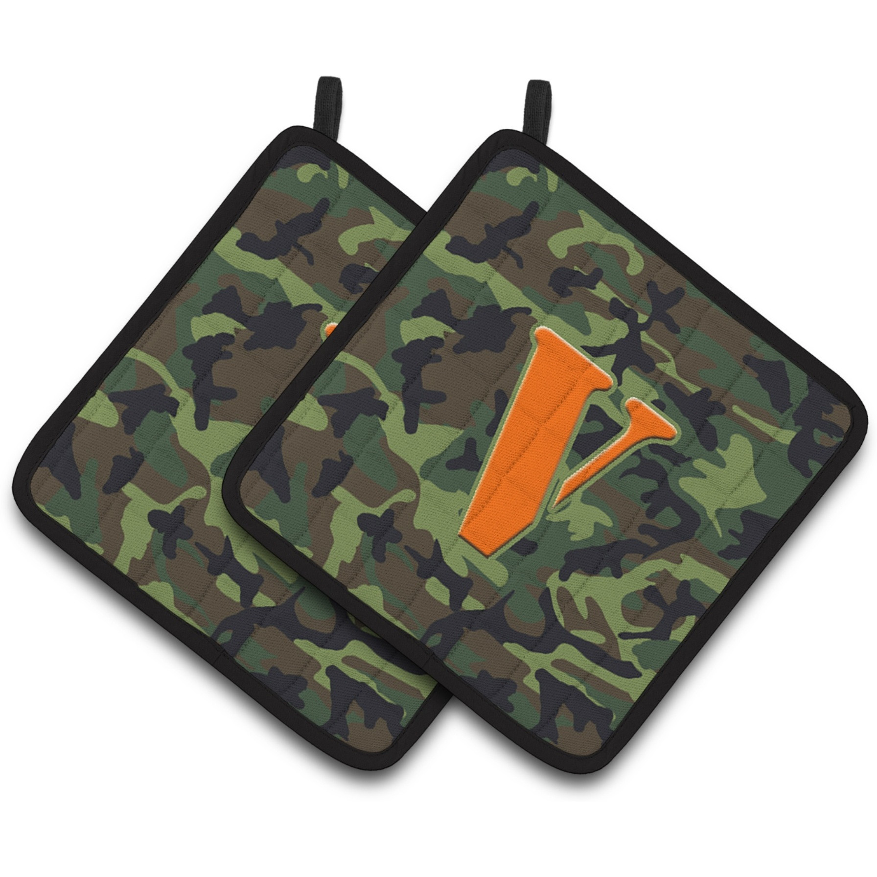 &quotCaroline's Treasures Letter V Monogram - Camo green Pair of Pot Holders CJ1030-VPTHD, 7.5HX7.5W, Multicolor"