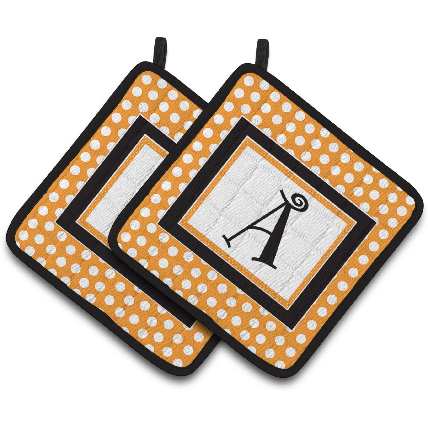 &quotCaroline's Treasures Letter A Monogram - Orange & black Polka Dots Pair of Pot Holders CJ1033-APTHD, 7.5HX7.5W, Multicolor"