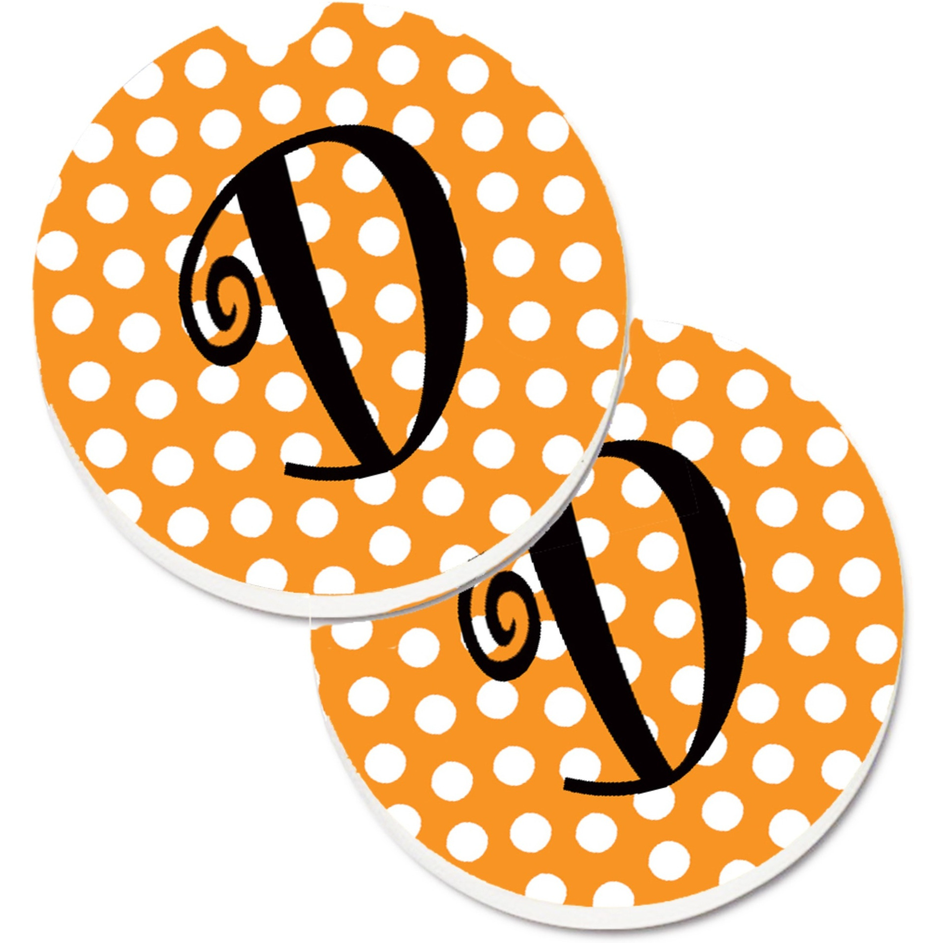 &quotCaroline's Treasures Monogram Initial D Orange Polkadots Set of 2 Cup Holder Car Coasters CJ1033-DCARC, 2.56, Multicolor"