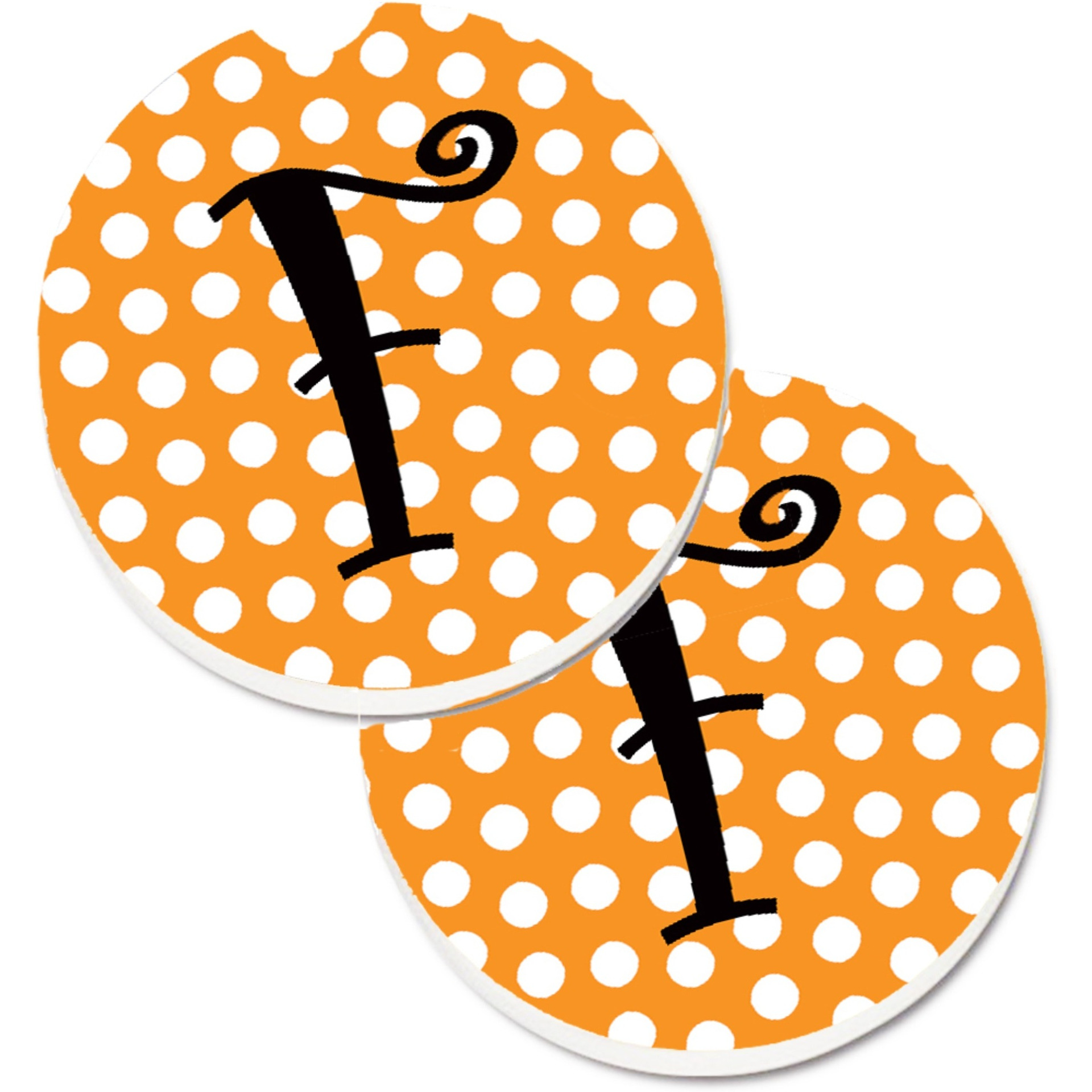 &quotCaroline's Treasures Monogram Initial F Orange Polkadots Set of 2 Cup Holder Car Coasters CJ1033-FCARC, 2.56, Multicolor"