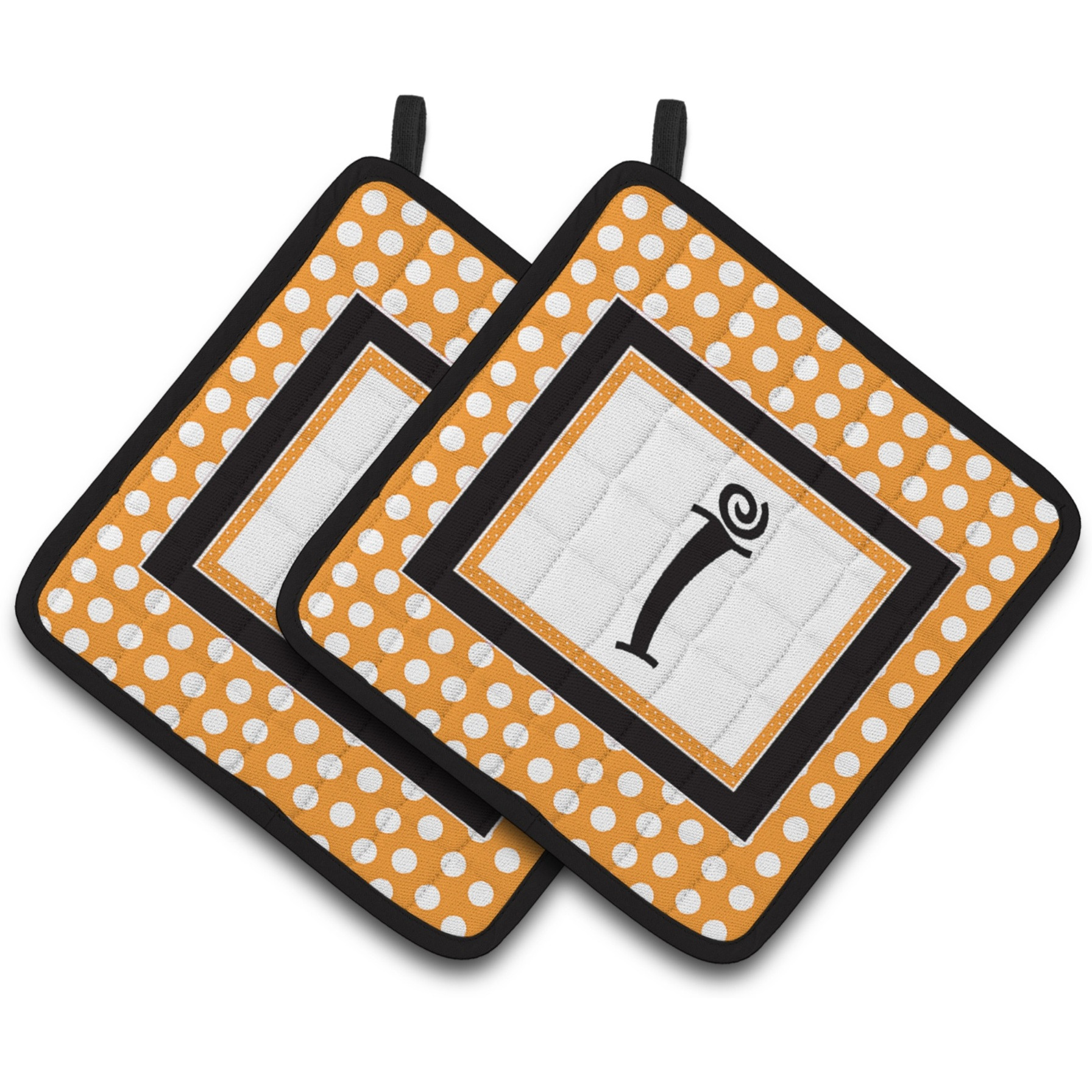 &quotCaroline's Treasures Monogram Initial I Orange Polkadots Pair of Pot Holders CJ1033-IPTHD, 7.5HX7.5W, Multicolor"