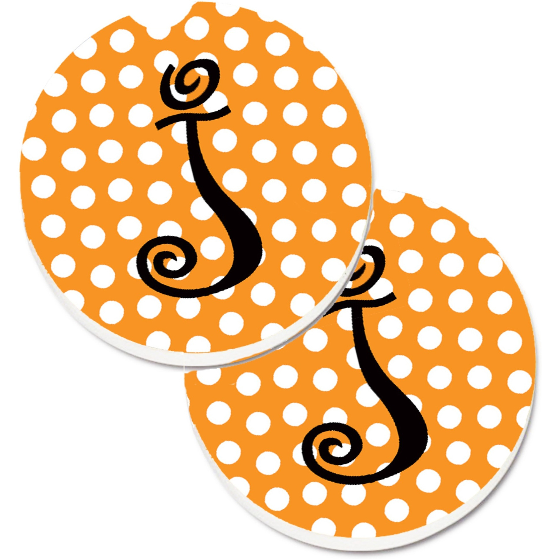 &quotCaroline's Treasures Monogram Initial J Orange Polkadots Set of 2 Cup Holder Car Coasters CJ1033-JCARC, 2.56, Multicolor"