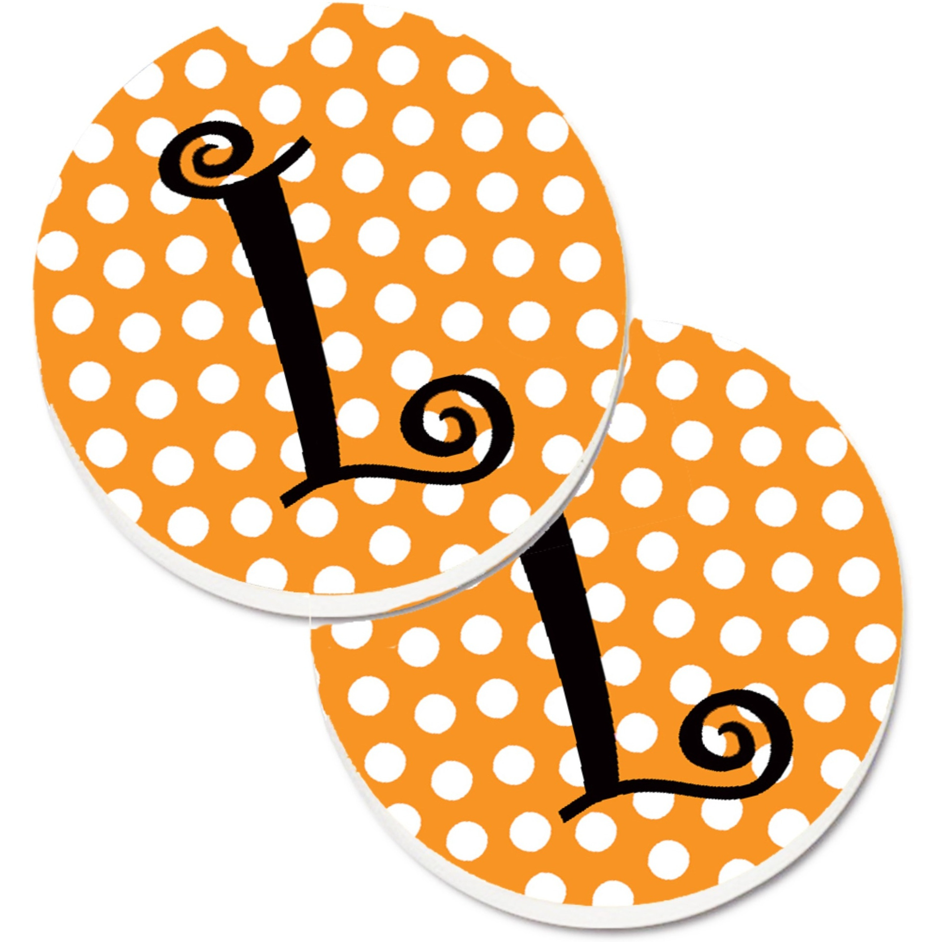 &quotCaroline's Treasures Monogram Initial L Orange Polkadots Set of 2 Cup Holder Car Coasters CJ1033-LCARC, 2.56, Multicolor"