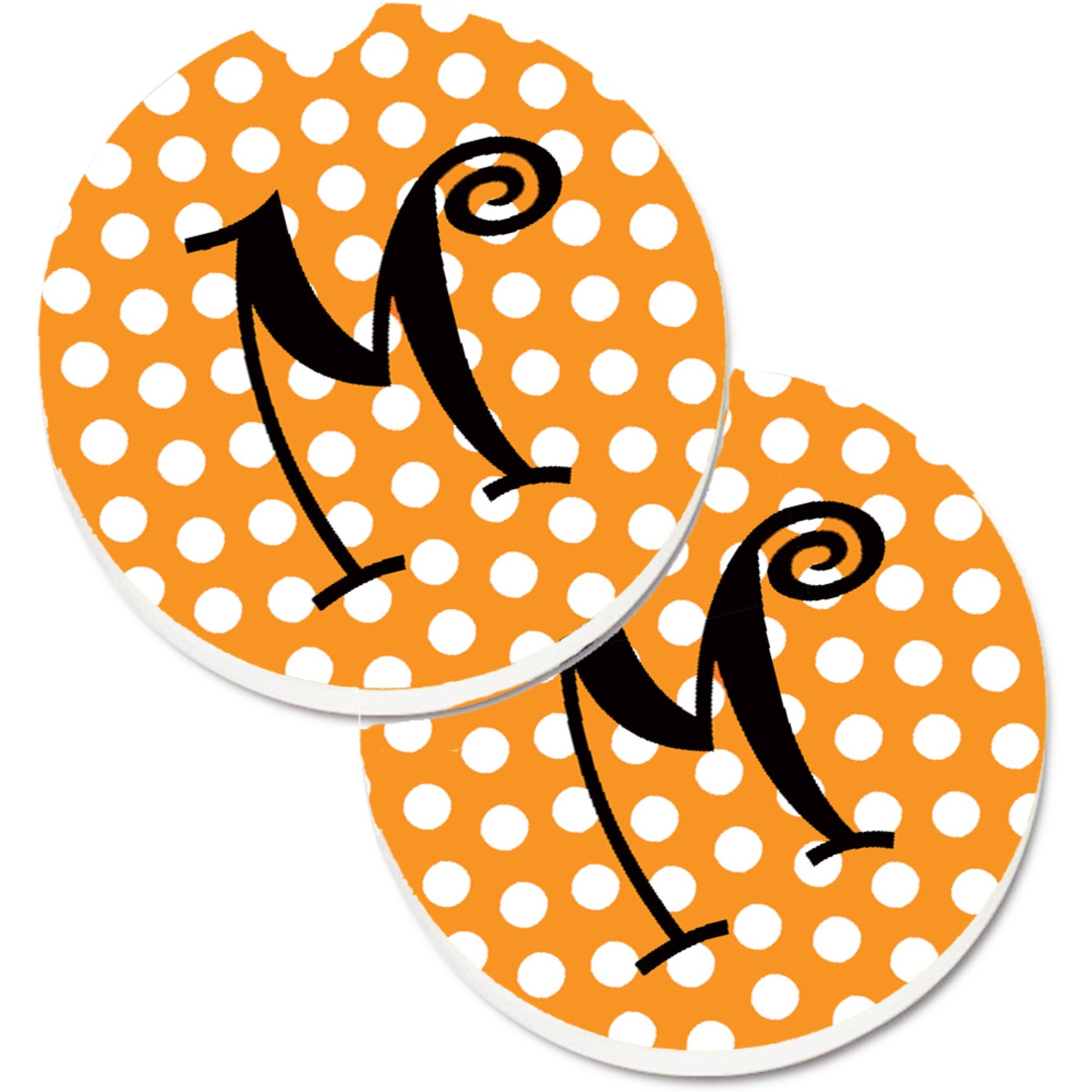 &quotCaroline's Treasures Monogram Initial M Orange Polkadots Set of 2 Cup Holder Car Coasters CJ1033-MCARC, 2.56, Multicolor"