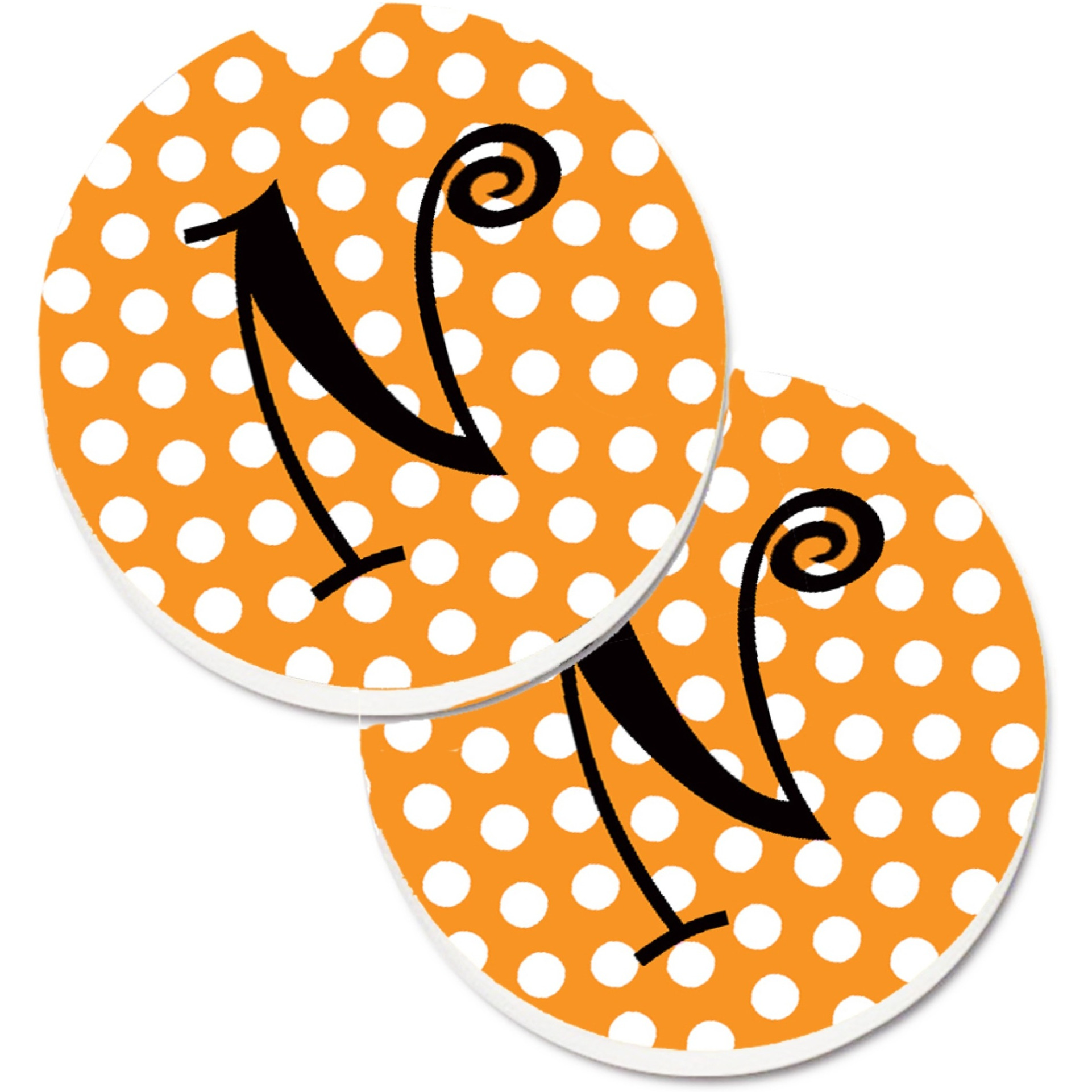 &quotCaroline's Treasures Monogram Initial N Orange Polkadots Set of 2 Cup Holder Car Coasters CJ1033-NCARC, 2.56, Multicolor"