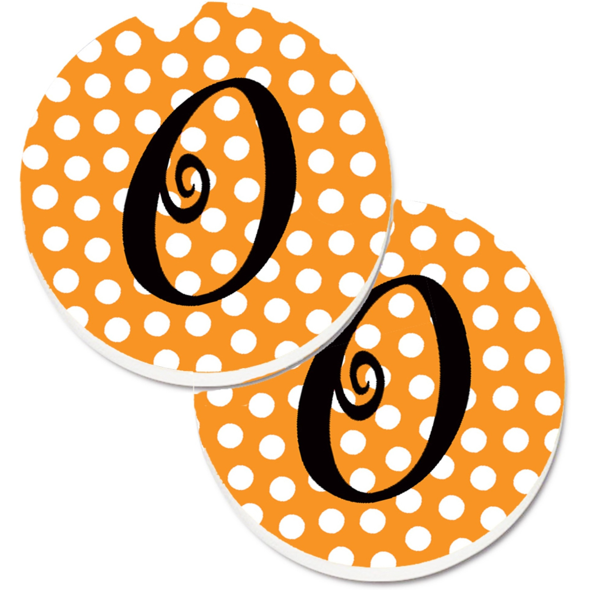 &quotCaroline's Treasures Monogram Initial O Orange Polkadots Set of 2 Cup Holder Car Coasters CJ1033-OCARC, 2.56, Multicolor"