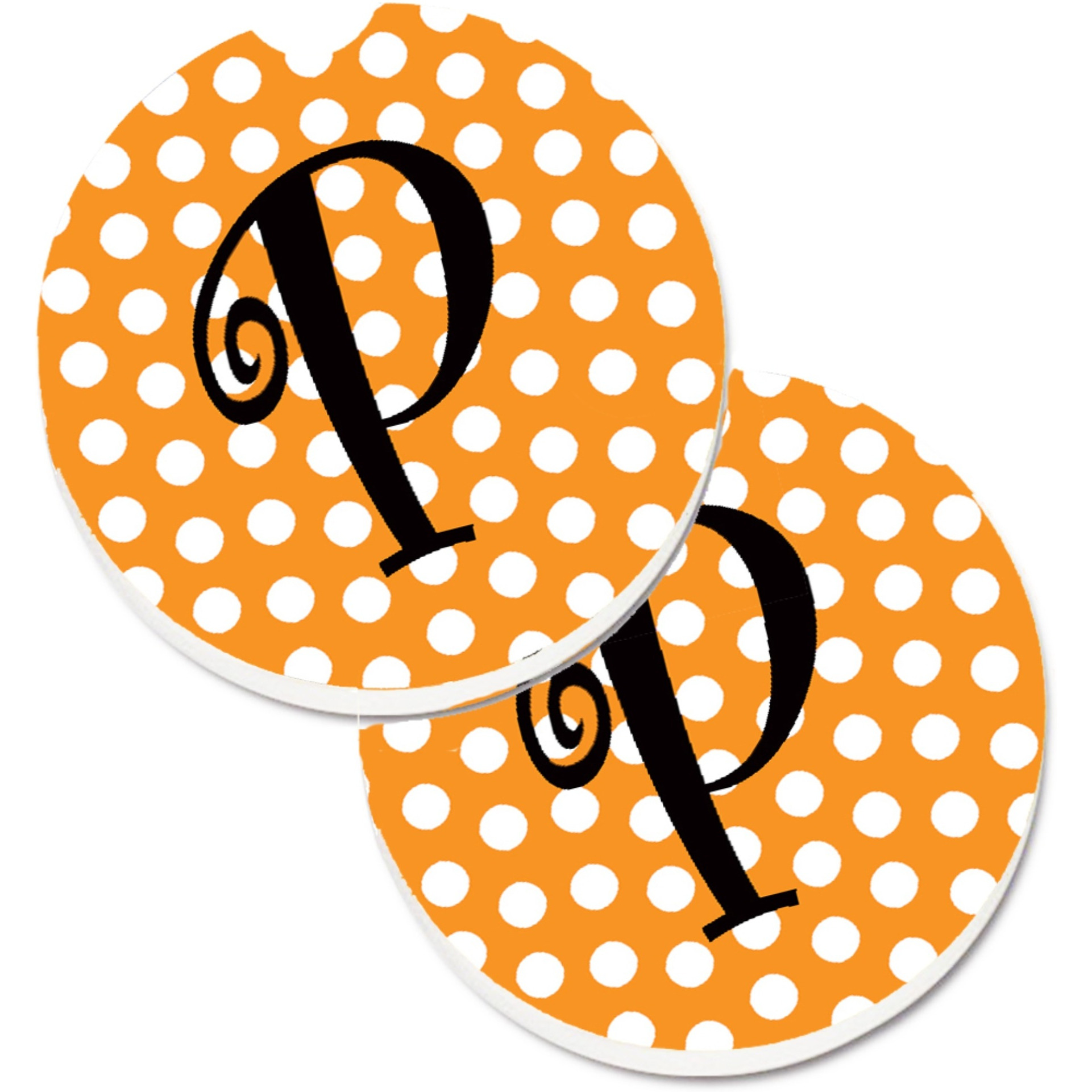 &quotCaroline's Treasures Monogram Initial P Orange Polkadots Set of 2 Cup Holder Car Coasters CJ1033-PCARC, 2.56, Multicolor"