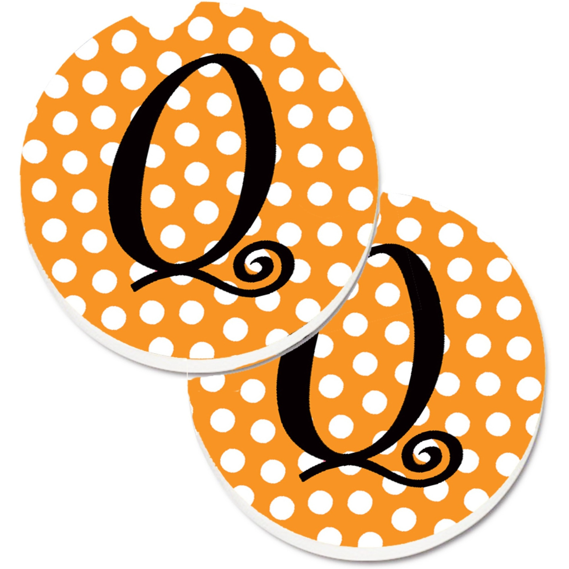 &quotCaroline's Treasures Monogram Initial Q Orange Polkadots Set of 2 Cup Holder Car Coasters CJ1033-QCARC, 2.56, Multicolor"