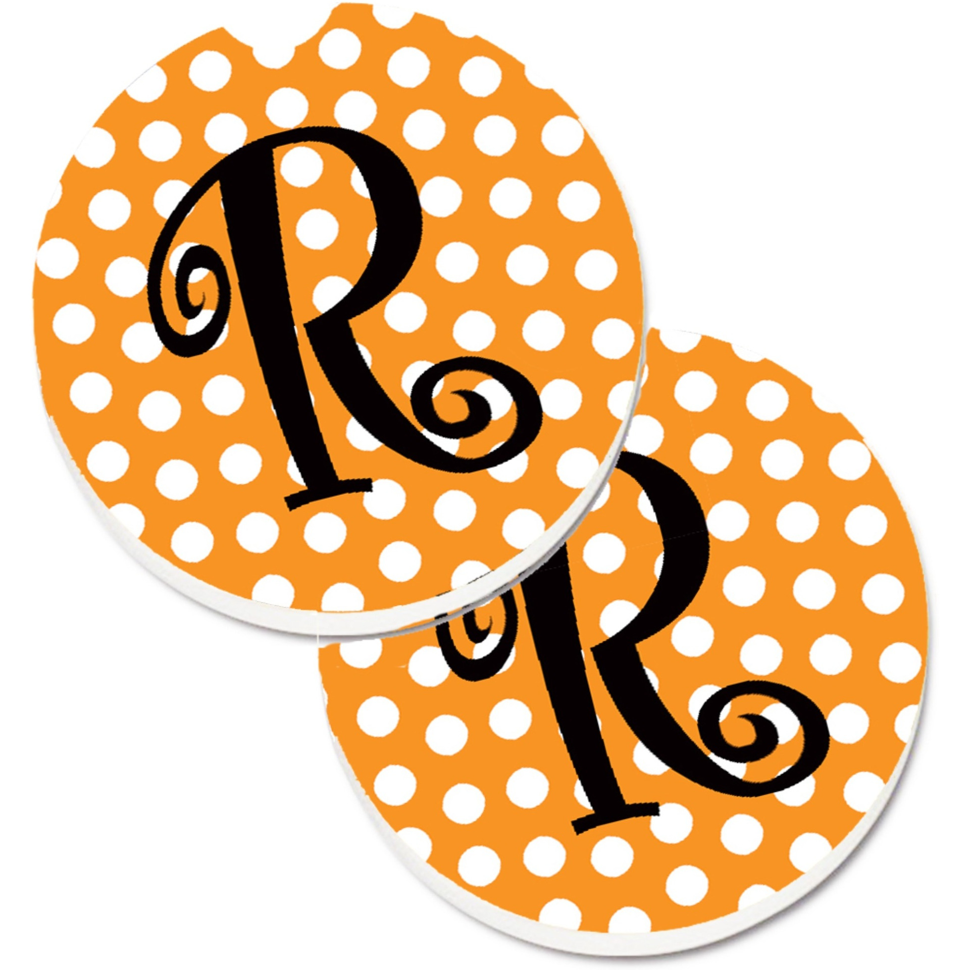 &quotCaroline's Treasures Monogram Initial R Orange Polkadots Set of 2 Cup Holder Car Coasters CJ1033-RCARC, 2.56, Multicolor"