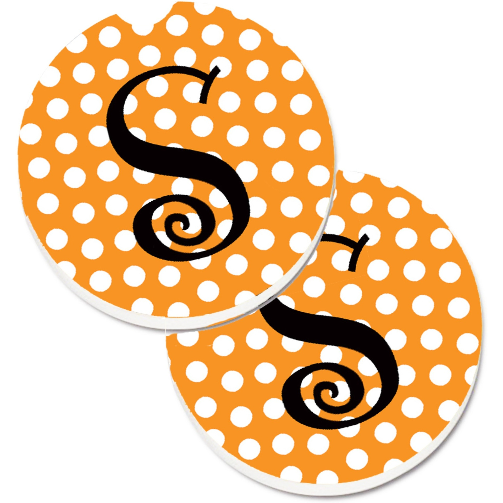 &quotCaroline's Treasures Monogram Initial S Orange Polkadots Set of 2 Cup Holder Car Coasters CJ1033-SCARC, 2.56, Multicolor"