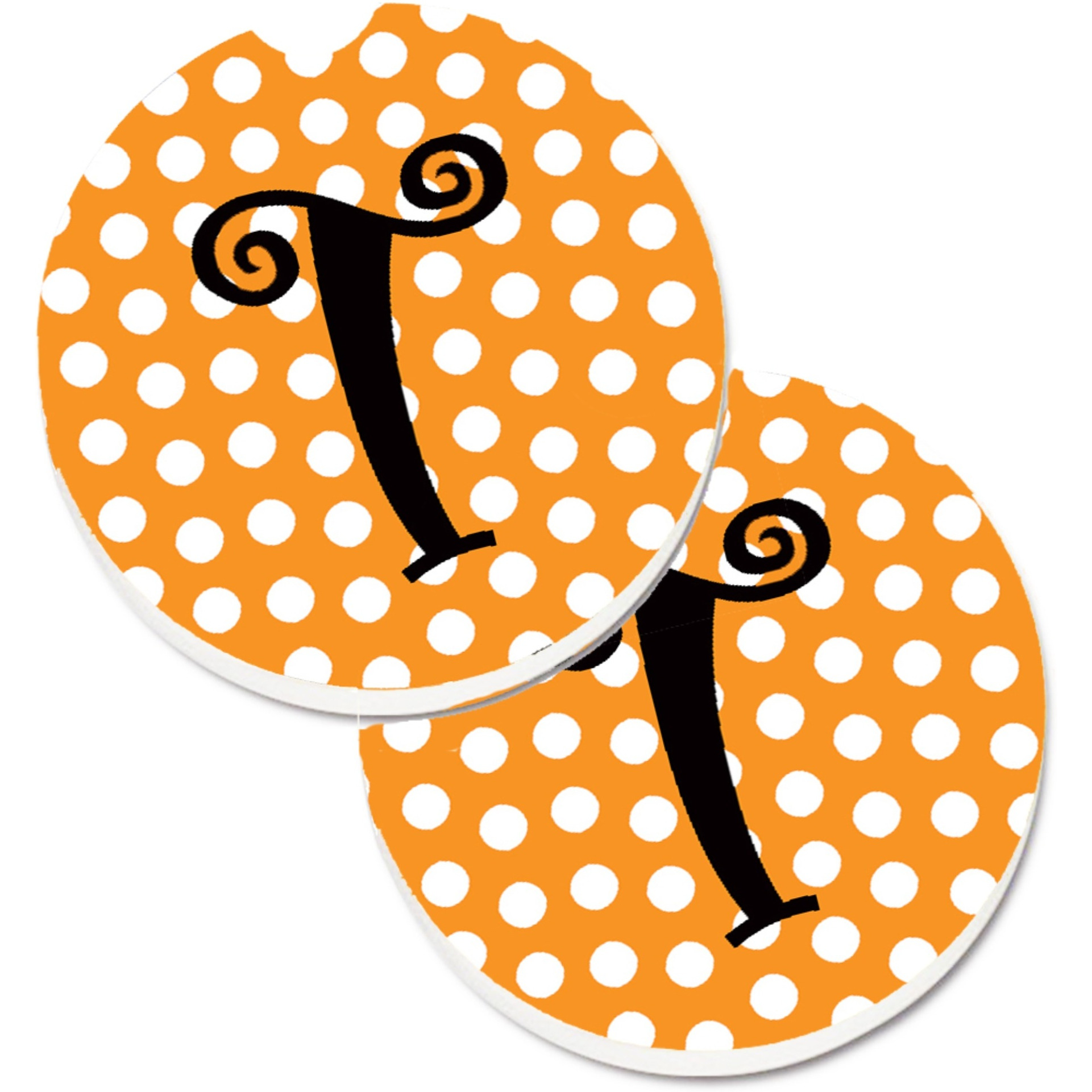 &quotCaroline's Treasures Monogram Initial T Orange Polkadots Set of 2 Cup Holder Car Coasters CJ1033-TCARC, 2.56, Multicolor"