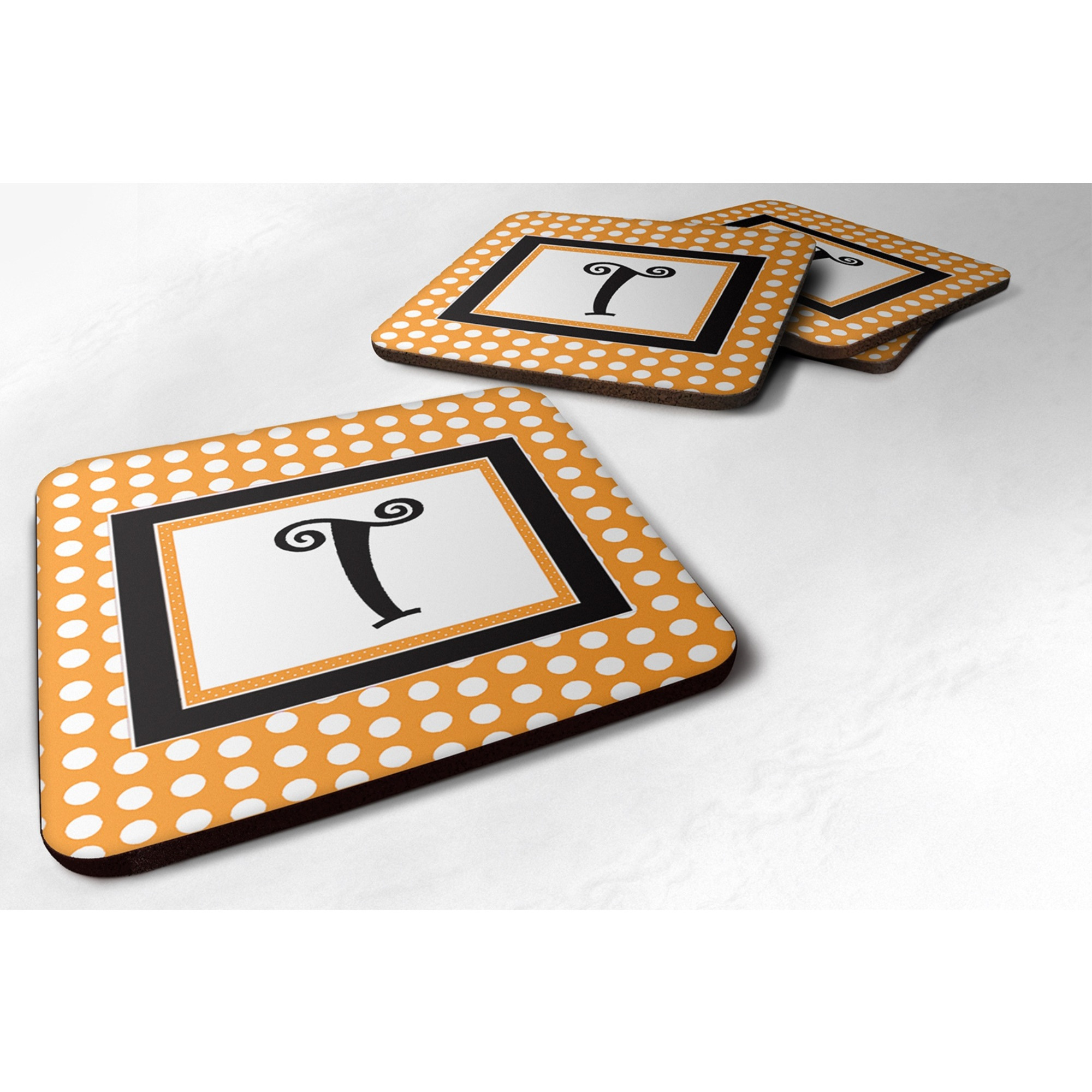 &quotCaroline's Treasures CJ1033-TFC Monogram-Orange Polkadots Foam Coasters (Set of 4), Initial Letter T, 3.5"" H x 3.5"" W, Multicolor"