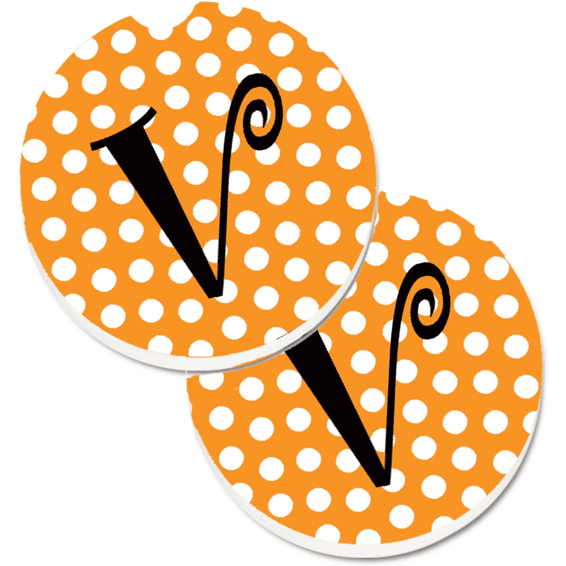 &quotCaroline's Treasures Monogram Initial V Orange Polkadots Set of 2 Cup Holder Car Coasters CJ1033-VCARC, 2.56, Multicolor"