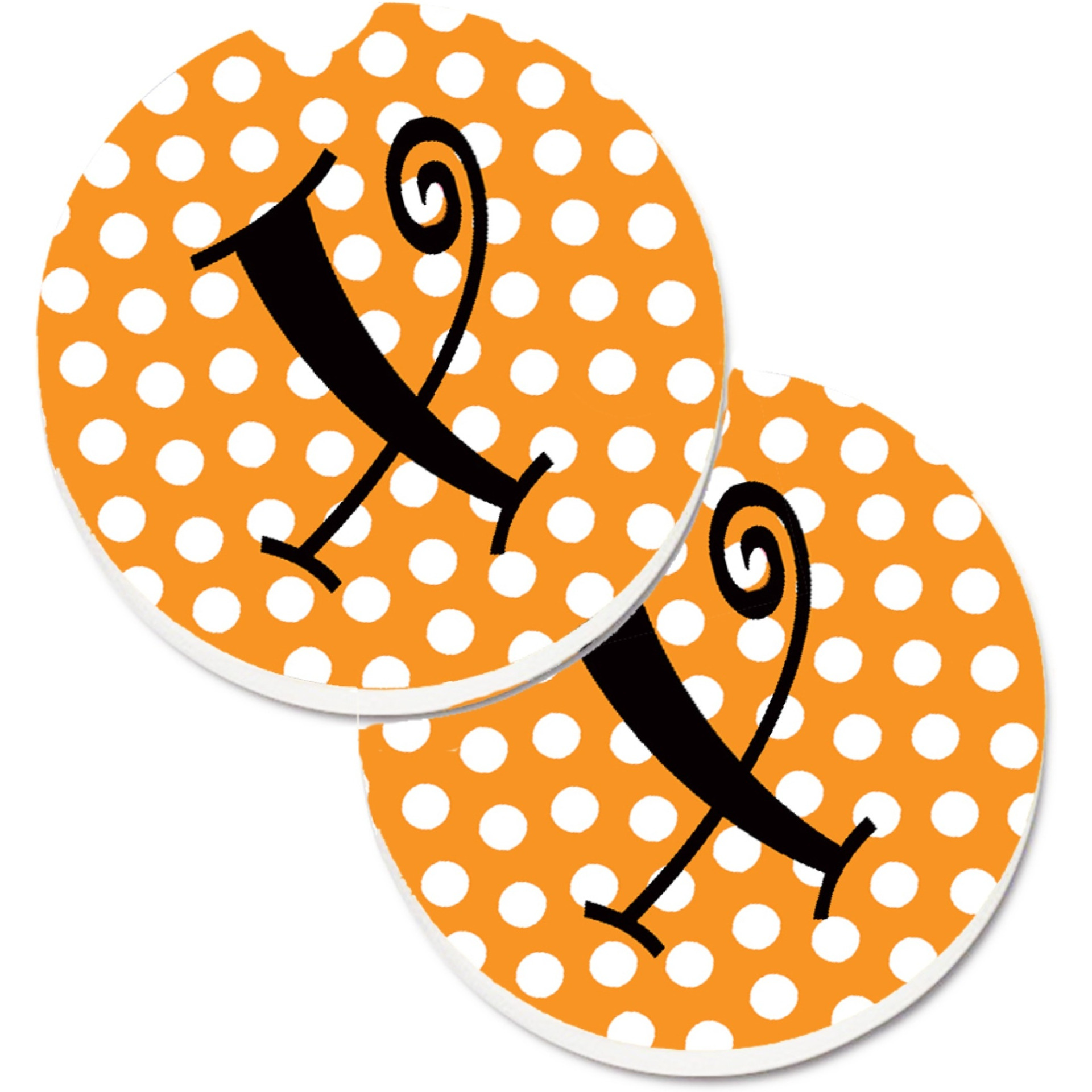 &quotCaroline's Treasures Monogram Initial x Orange Polkadots Set of 2 Cup Holder Car Coasters CJ1033-XCARC, 2.56, Multicolor"