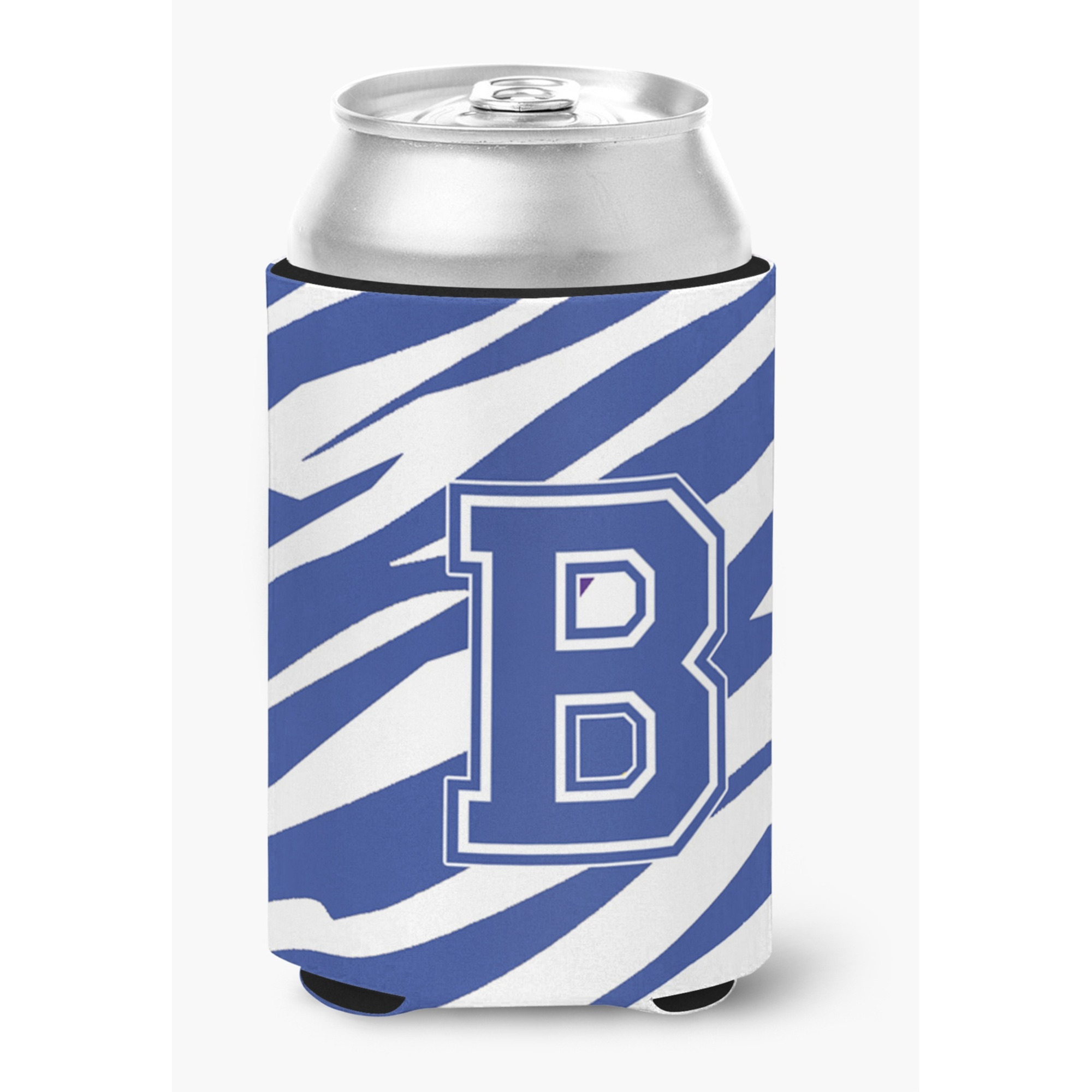 Letter B Initial Monogram - Tiger Stripe Blue and White Can Beverage Insulator Hugger