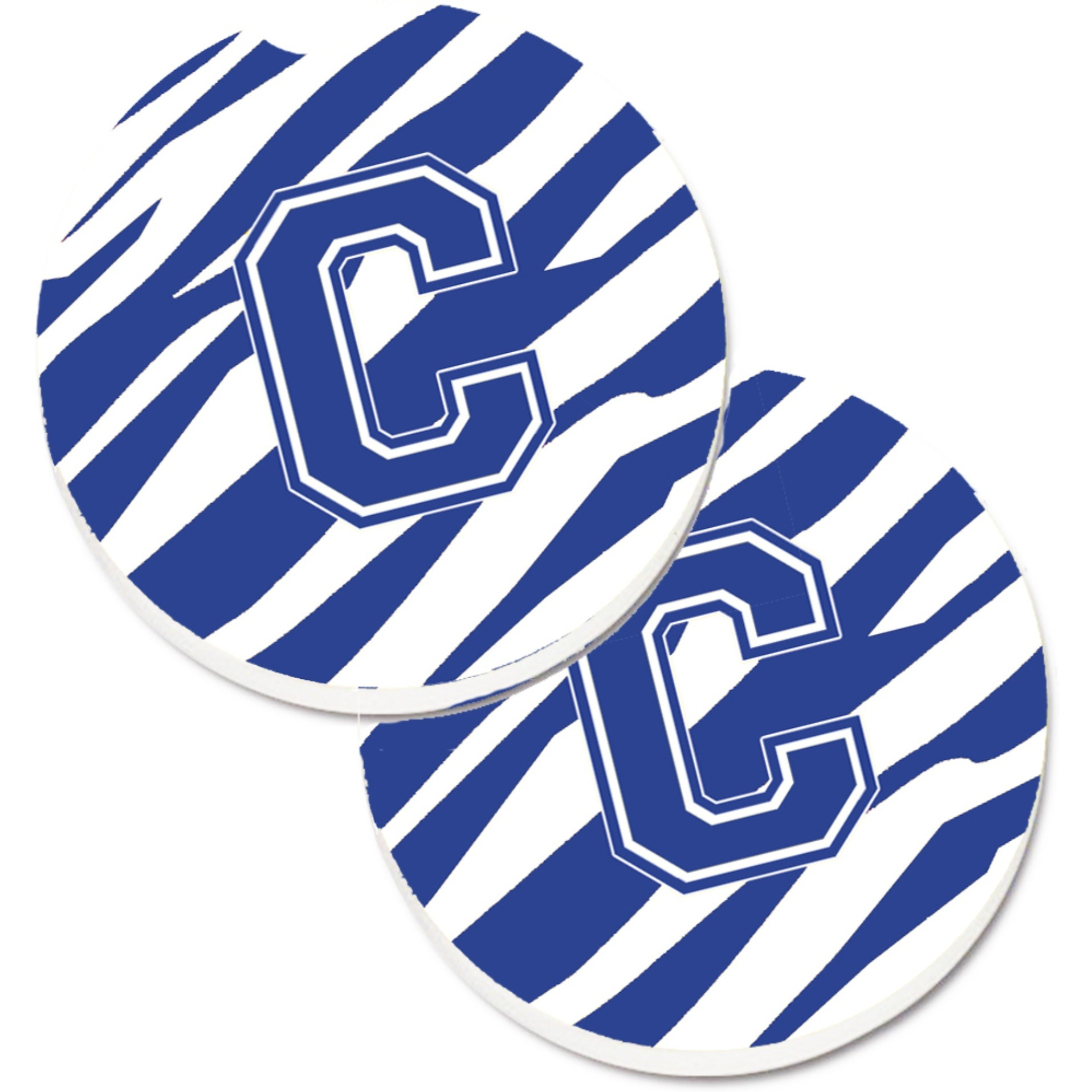 &quotCaroline's Treasures Monogram Initial C Tiger Stripe Blue & White Set of 2 Cup Holder Car Coasters CJ1034-CCARC, 2.56, Multicolor"