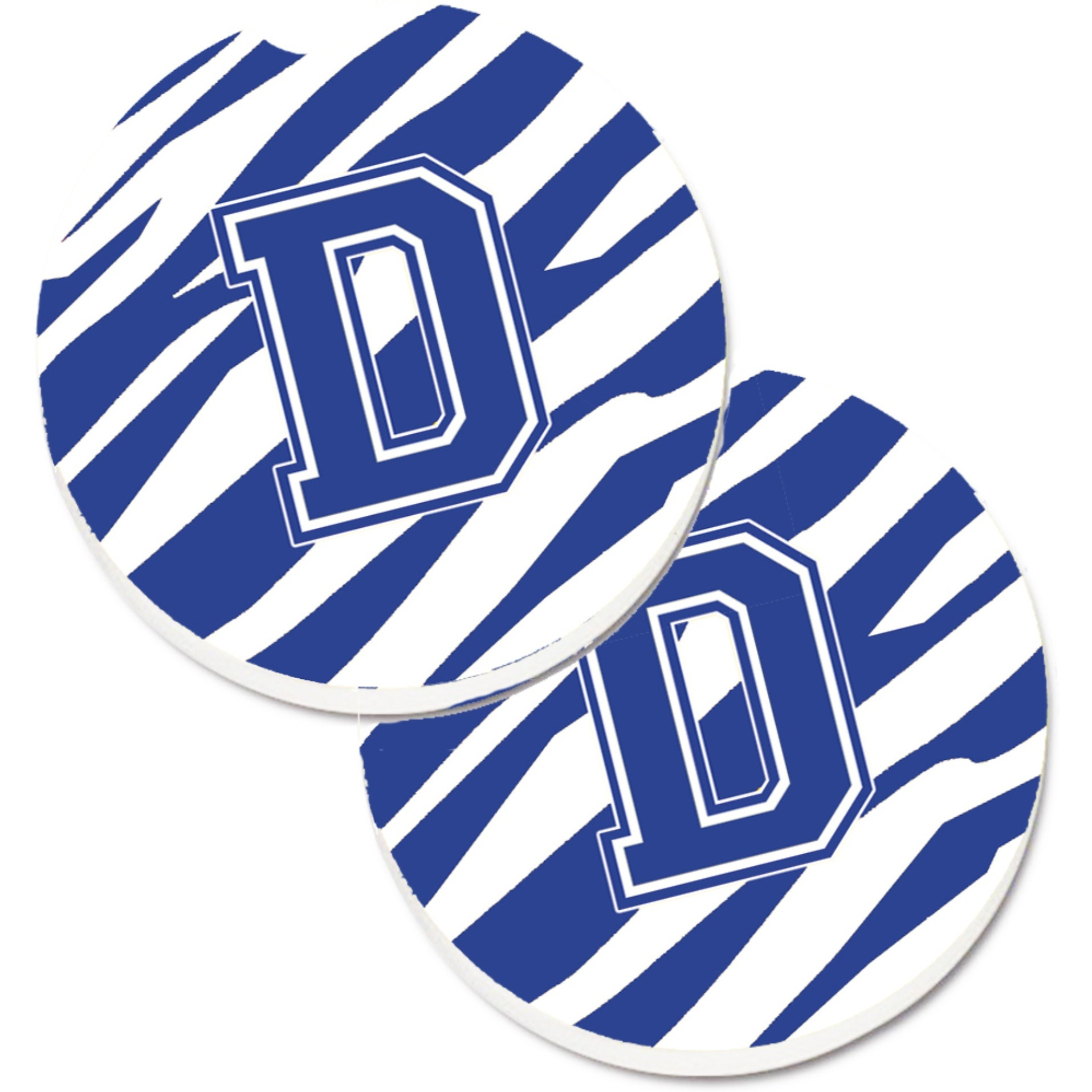 &quotCaroline's Treasures Monogram Initial D Tiger Stripe Blue & White Set of 2 Cup Holder Car Coasters CJ1034-DCARC, 2.56, Multicolor"
