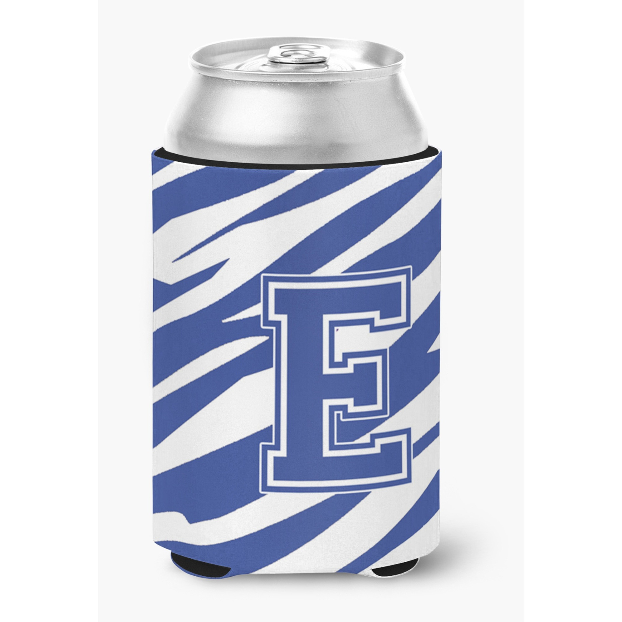Letter E Initial Monogram - Tiger Stripe Blue and White Can Beverage Insulator Hugger