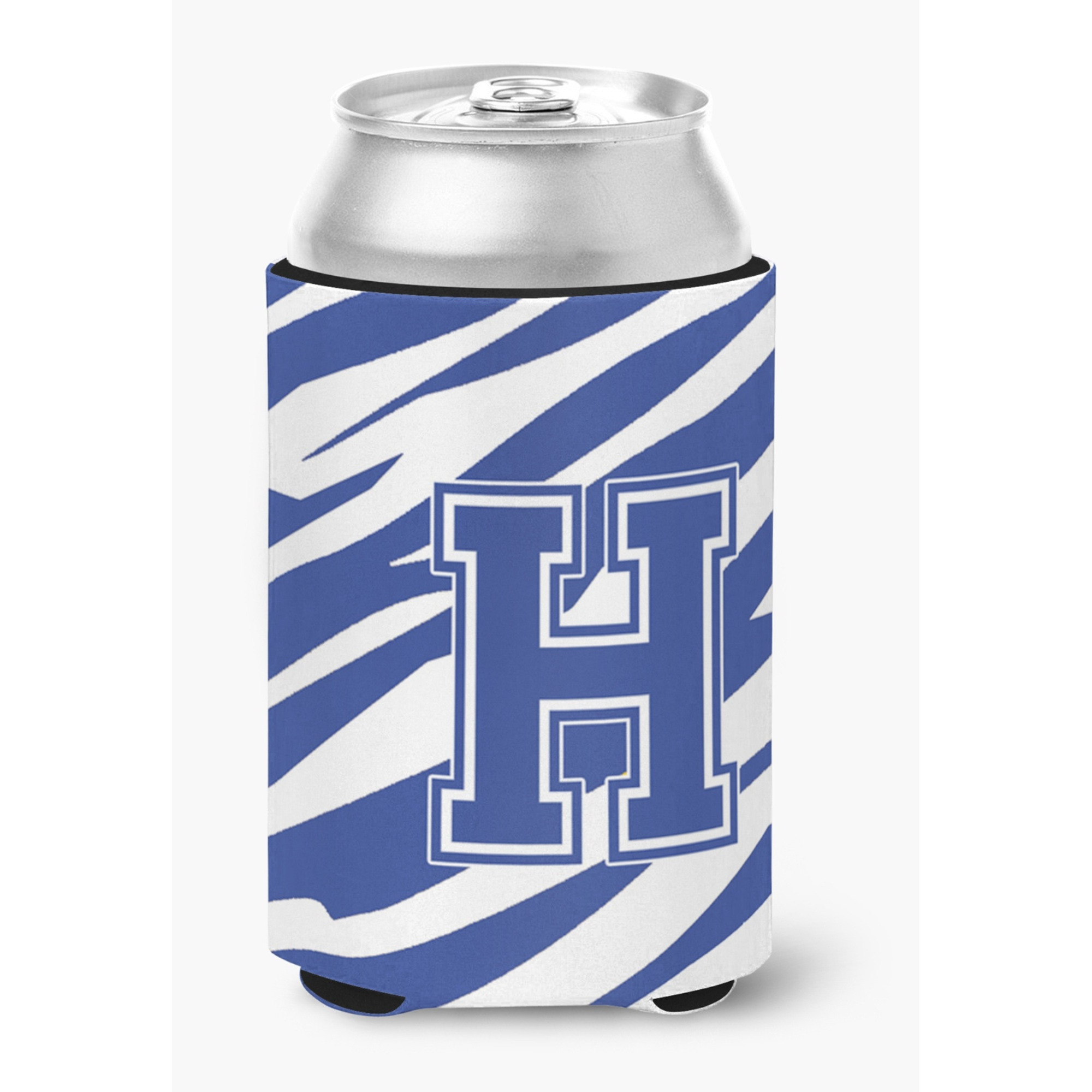 Letter H Initial Monogram - Tiger Stripe Blue and White Can Beverage Insulator Hugger