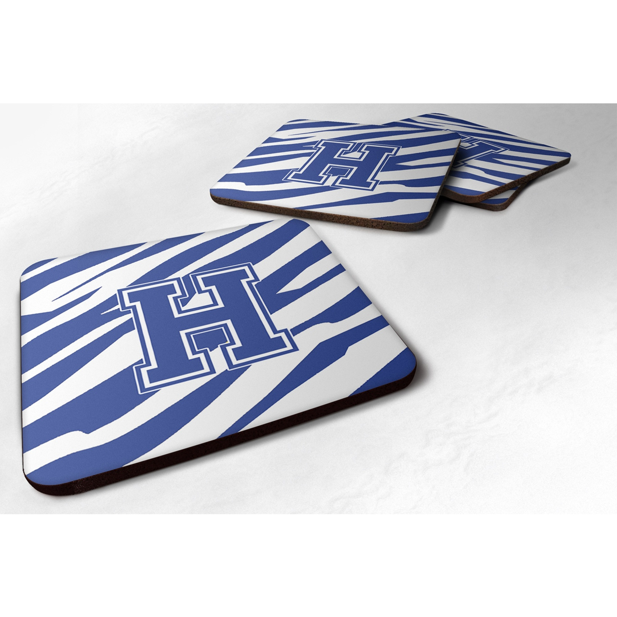 &quotCaroline's Treasures CJ1034-HFC Monogram-Tiger Stripe Blue and White Foam Coasters (Set of 4), Initial Letter H, 3.5"" H x 3.5"" W, Multicolor"