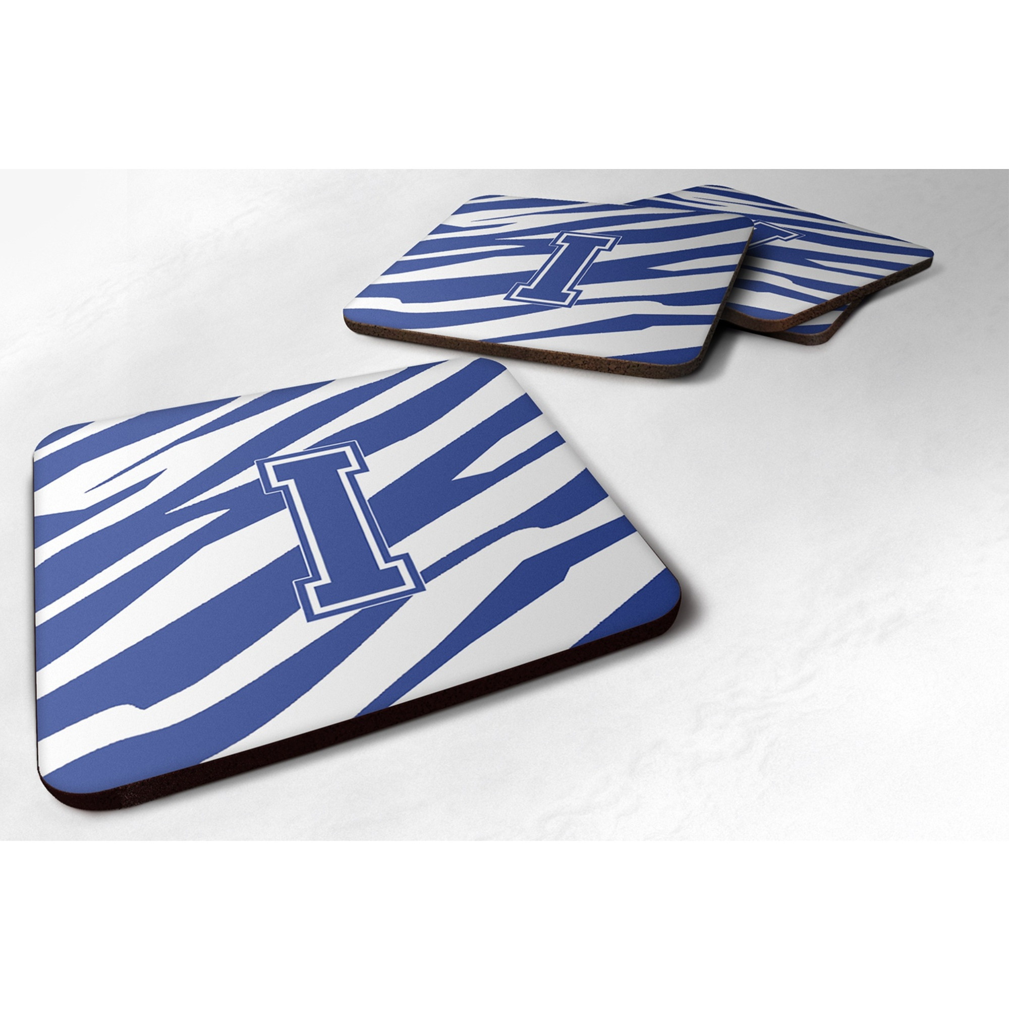 &quotCaroline's Treasures CJ1034-IFC Monogram-Tiger Stripe Blue and White Foam Coasters (Set of 4), Initial Letter I, 3.5"" H x 3.5"" W, Multicolor"
