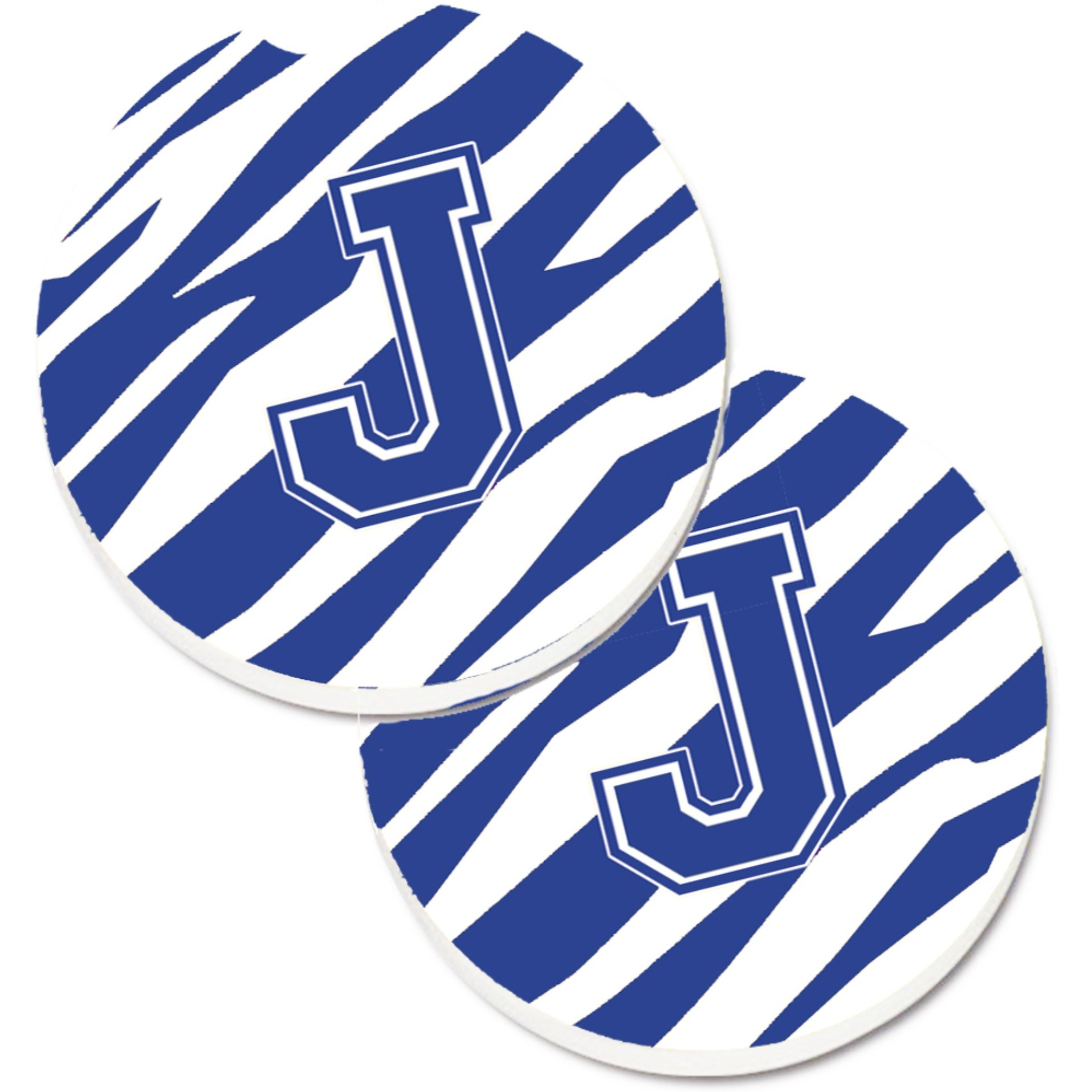 &quotCaroline's Treasures Monogram Initial J Tiger Stripe Blue & White Set of 2 Cup Holder Car Coasters CJ1034-JCARC, 2.56, Multicolor"