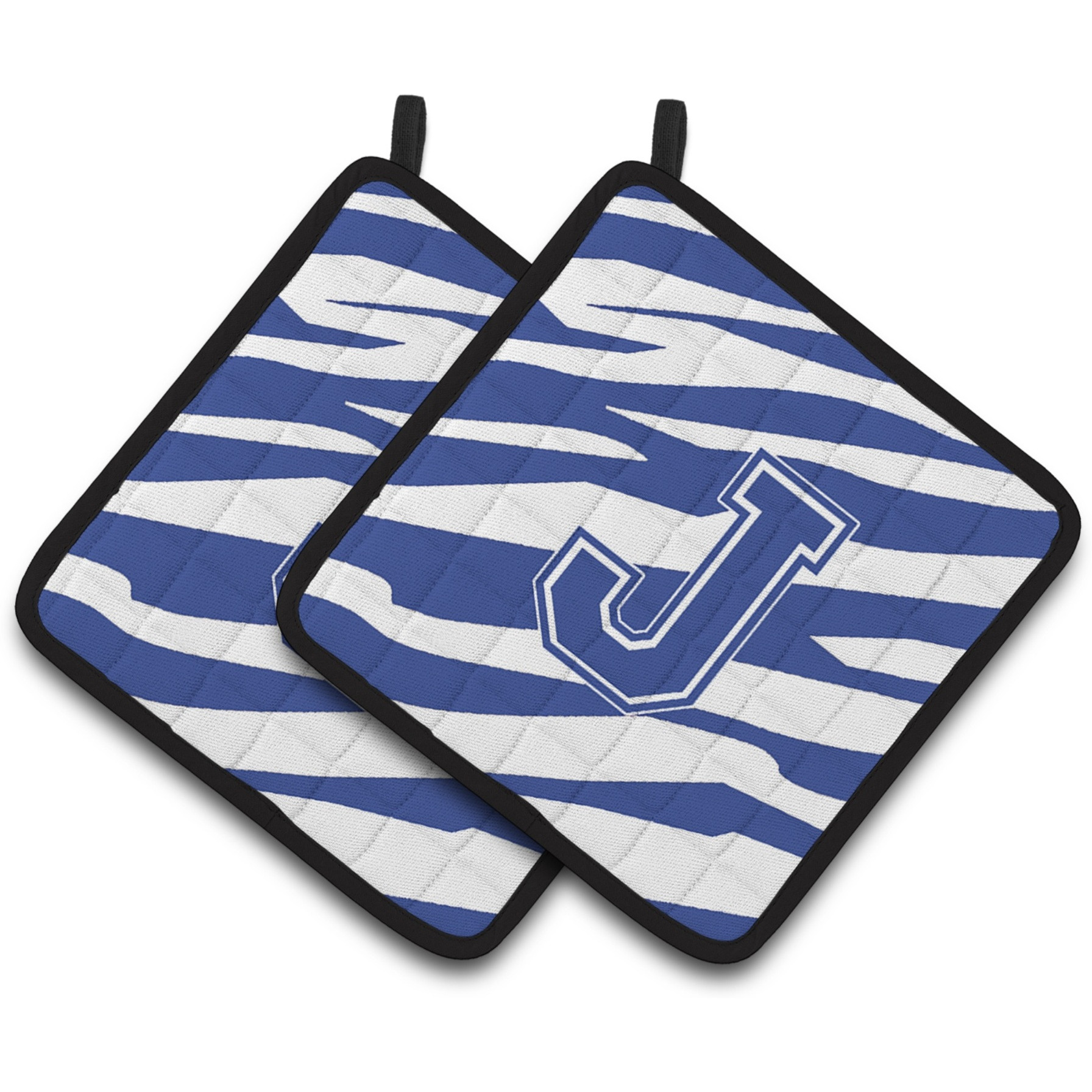 &quotCaroline's Treasures Monogram Initial J Tiger Stripe Blue & White Pair of Pot Holders CJ1034-JPTHD, 7.5HX7.5W, Multicolor"