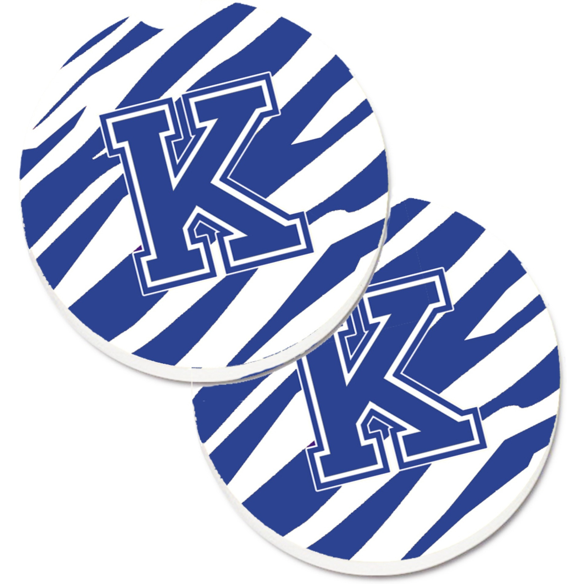 &quotCaroline's Treasures Monogram Initial K Tiger Stripe Blue & White Set of 2 Cup Holder Car Coasters CJ1034-KCARC, 2.56, Multicolor"
