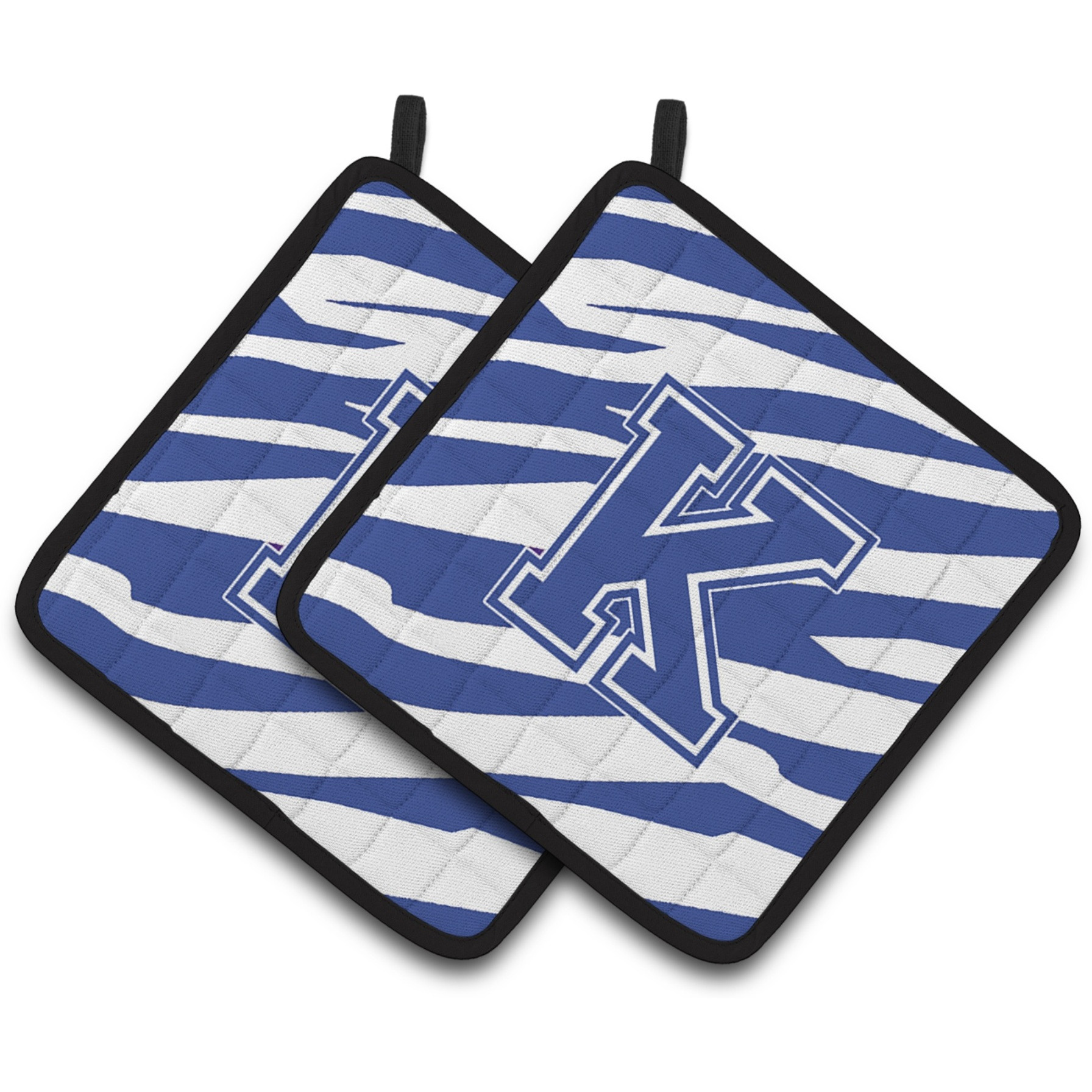 &quotCaroline's Treasures Monogram Initial K Tiger Stripe Blue & White Pair of Pot Holders CJ1034-KPTHD, 7.5HX7.5W, Multicolor"
